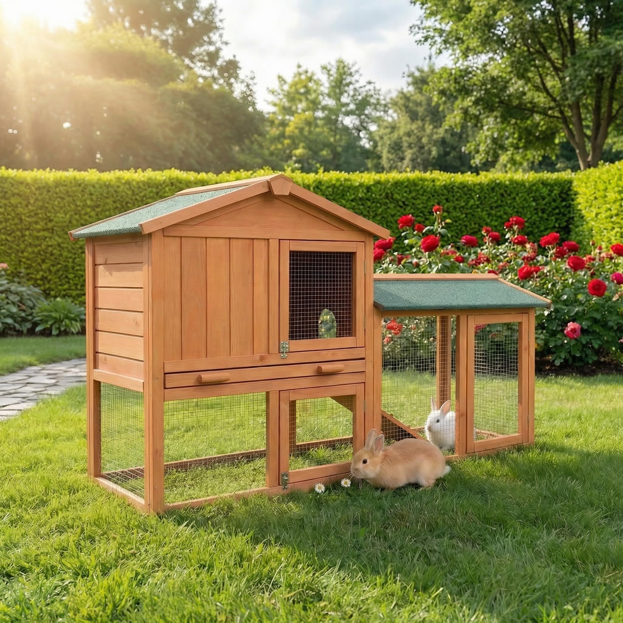 Miweba MyAnimal Hasenstall MH-03 | Kaninchenstall mit Freilaufgehege - Hasenkäfig - Kleintierkäfig - Holz imprägniert - Kaninchenkäfig Winterfest - Kleintiergehege - Käfig - Hasenhaus (Braun)