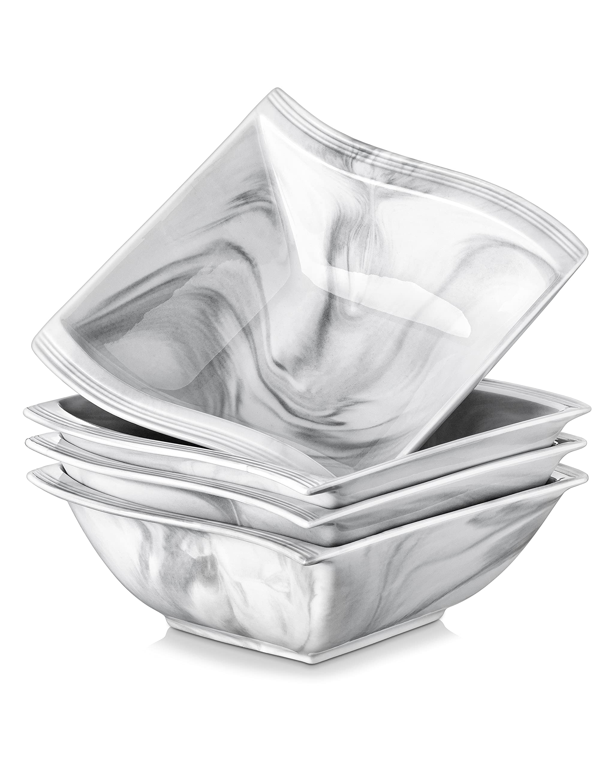 MALACASASoup Cereal Bowls 30oz Set of 4 for Kitchen, Ceramic Square Bowl Set for Cooking, Large Serving Bowls, Marble Grey Bowls for Salad Pasta Dessert, Anti-chip, Dishwasher Safe, Series Flora