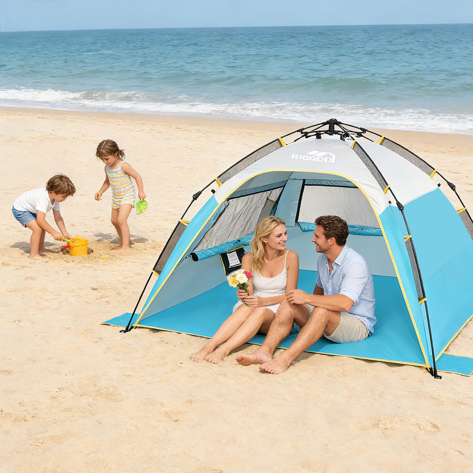 Tente de plage automatique avec protection UV 50+, 210 x 150 x 130 cm, pour 4 personnes, montage rapide en quelques secondes, petite taille une fois repliée, imperméable, coupe-vent, protection