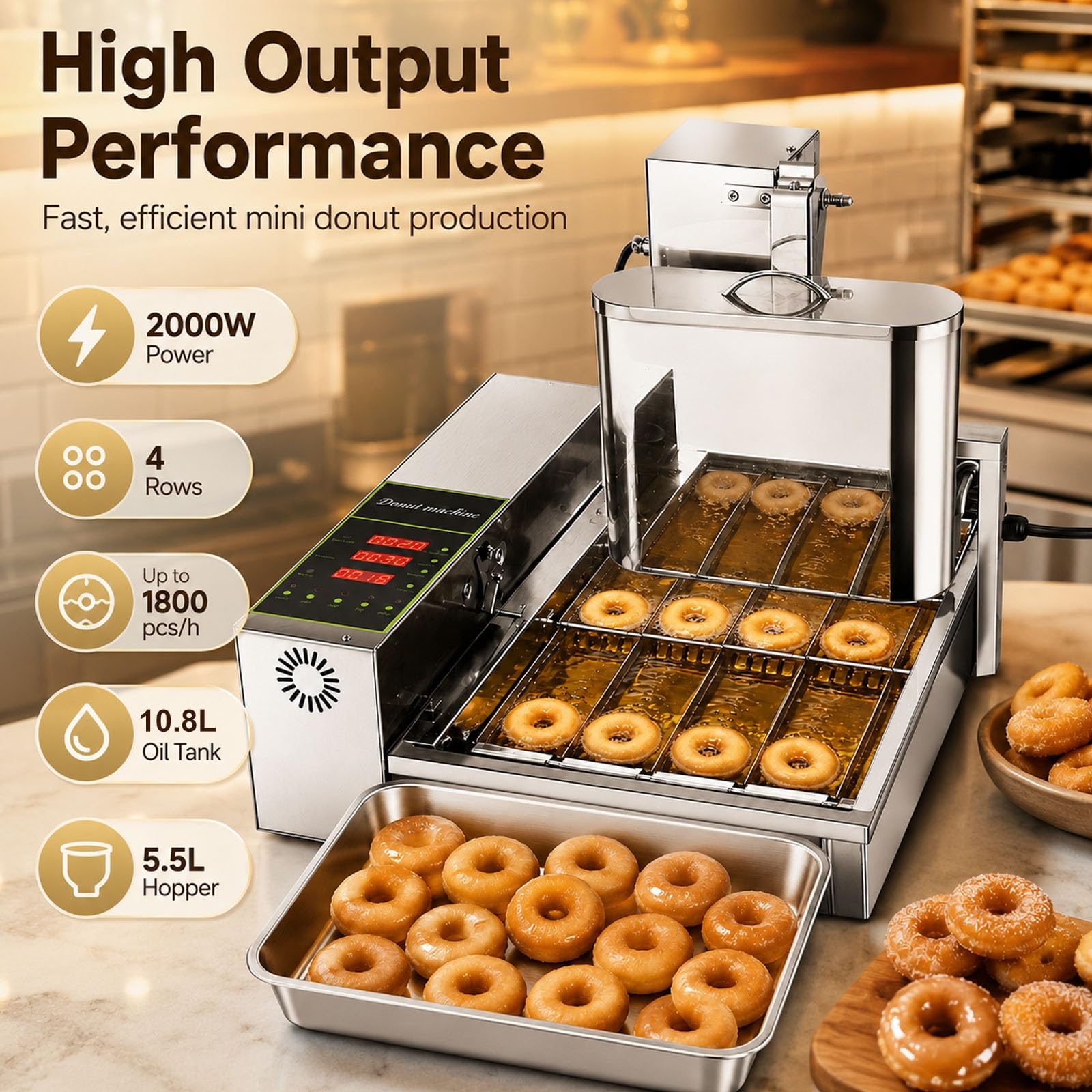 Máquina automática comercial de donas de 2000 W, mini dona de 4 filas con panel de control LED inteligente, 1800 unidades/h de alta salida, transportador automático abatible, ajuste de grosor de 5
