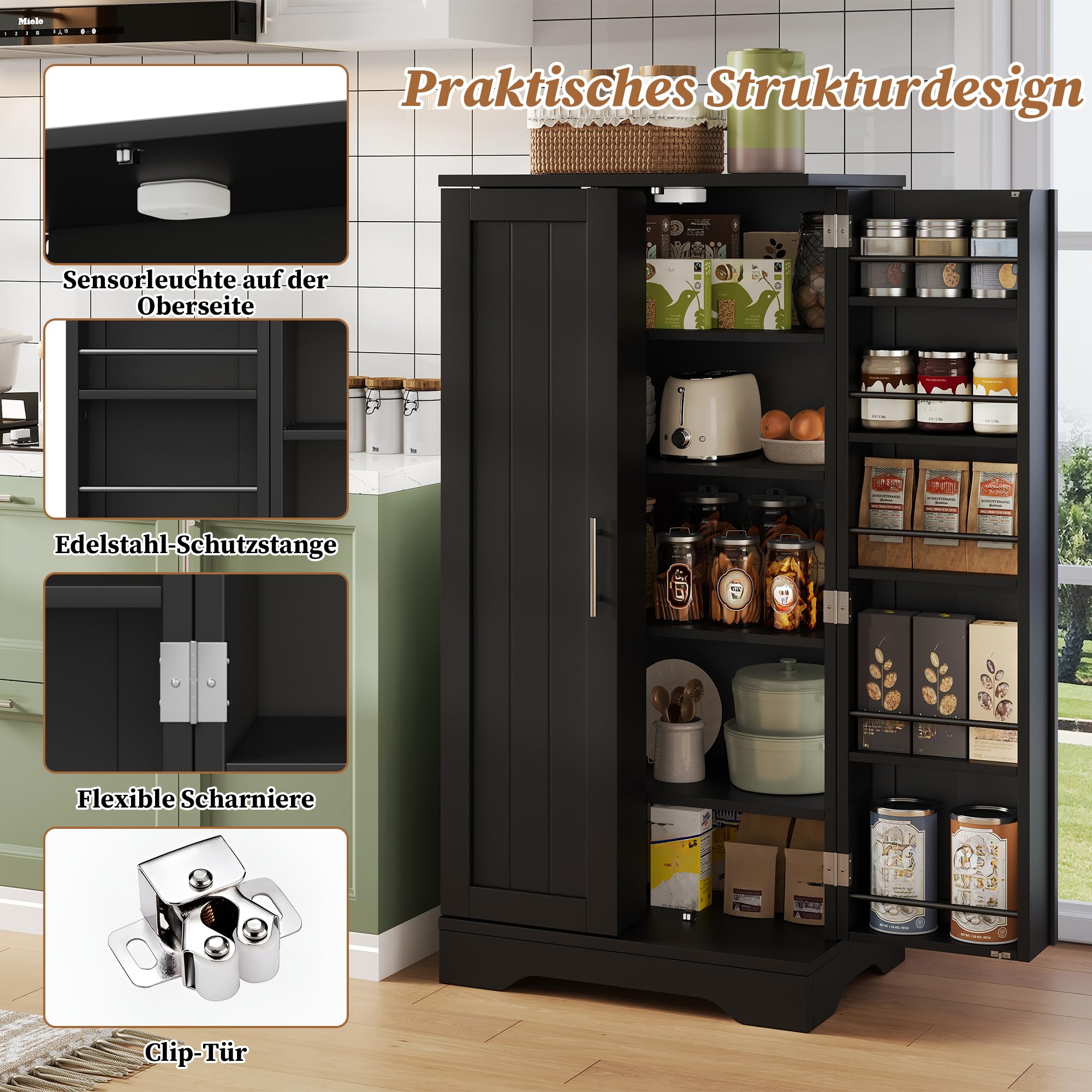 Armadietto da cucina, nero, 120 cm, con sensore a LED, con motivo ondulato 3D, cassettiera con scaffali, per cucina, sala da pranzo, soggiorno