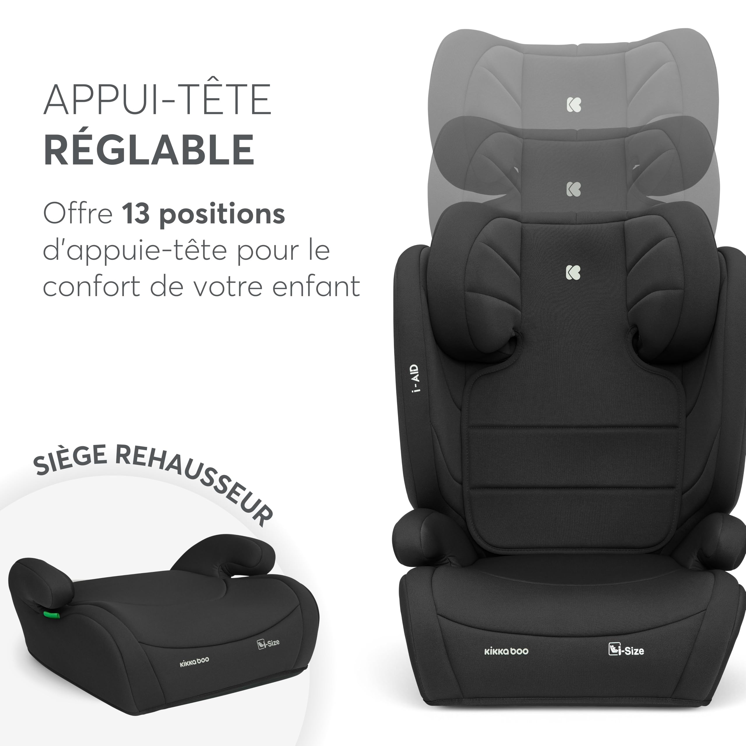 KikkaBoo Siège auto 15 à 36 kg i-AID, Siège Auto Enfant 100-150 cm, Groupe 2/3, Rehausseur à Dossier, Installation Ceinture, Appuie-tête Réglable 13 Positions, i-Size, Housse Lavable, Noir