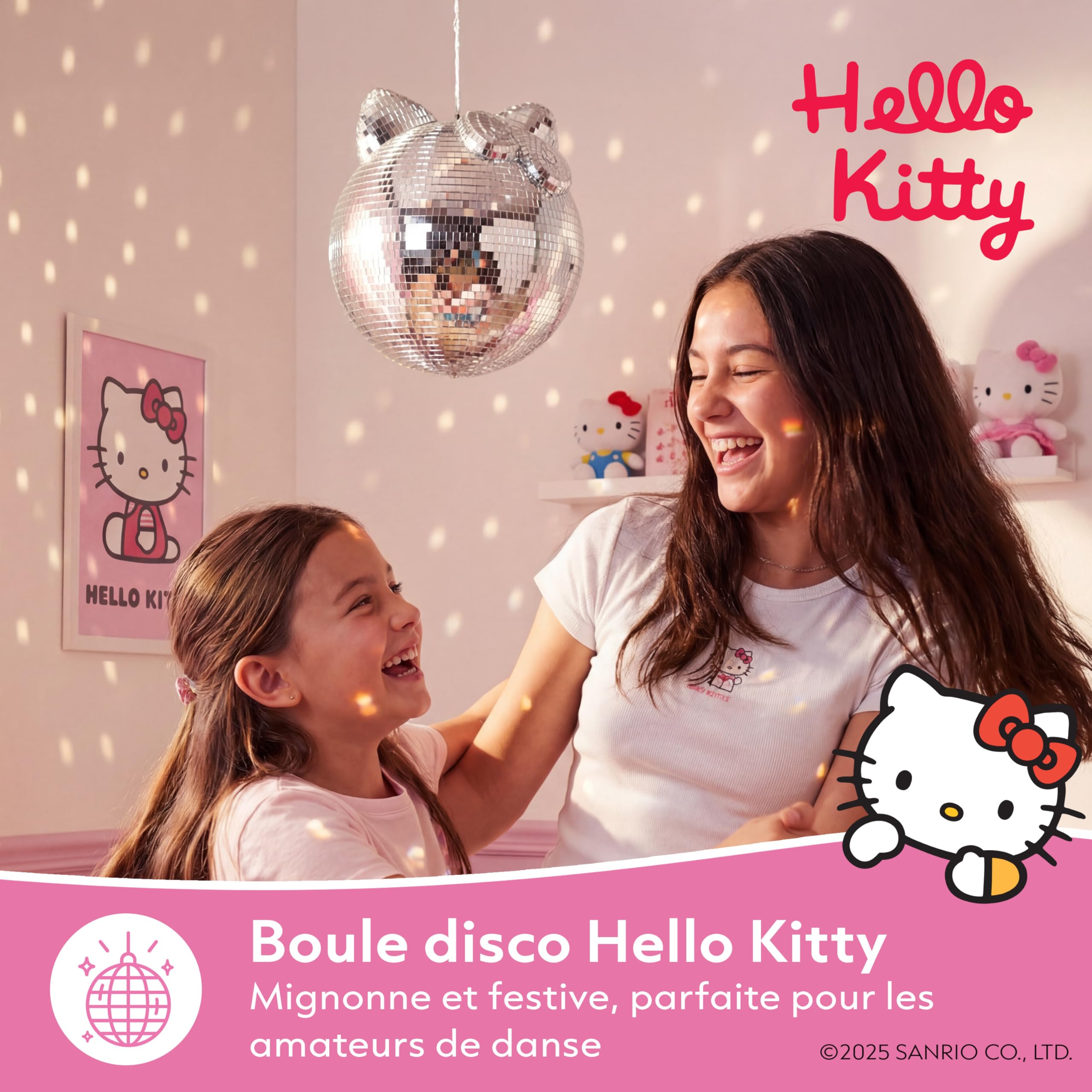 Hello Kitty Boule à facettes, décorative, avec effet miroir, lumière disco, pour chambre d'enfant et anniversaire, 25 x 25 x 27 cm, mini boule à facettes, décoration pour l'intérieur et l'extérieur