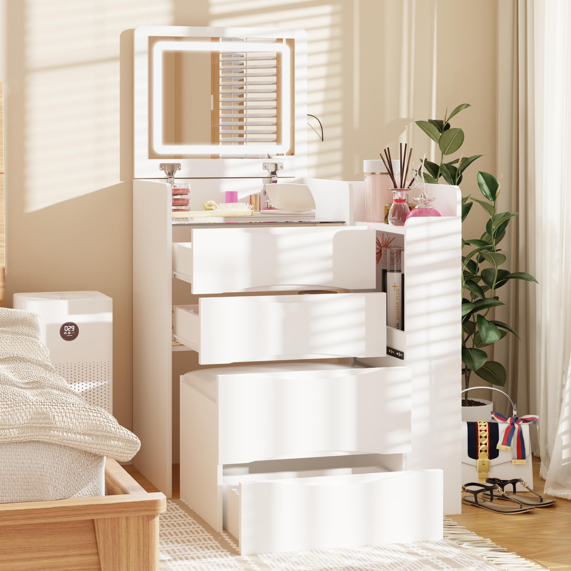 ドレッサー コンパクト 幅48cm 大容量 化粧台 鏡台 スツール LED　白 ドレッサー コンパクト 幅48cm 大容量 化粧台 鏡台 スツール LED白