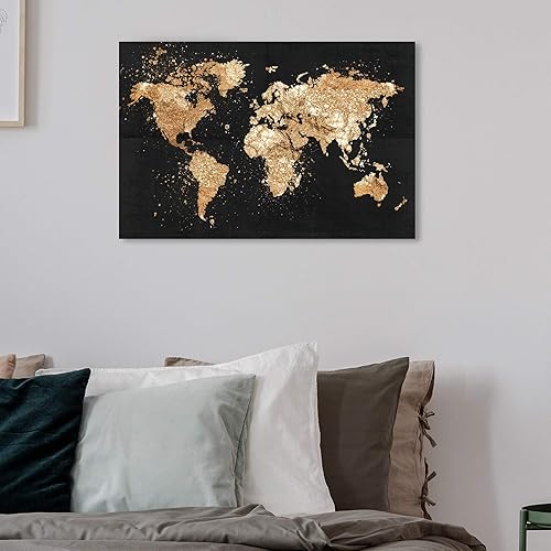 Miniatura 4 de The Oliver Gal Artist Co. Mapas y banderas - Lienzo decorativo para pared, diseño de Mapamundi on the Rocks Night, 24 x 16 pulgadas, negro, dorado