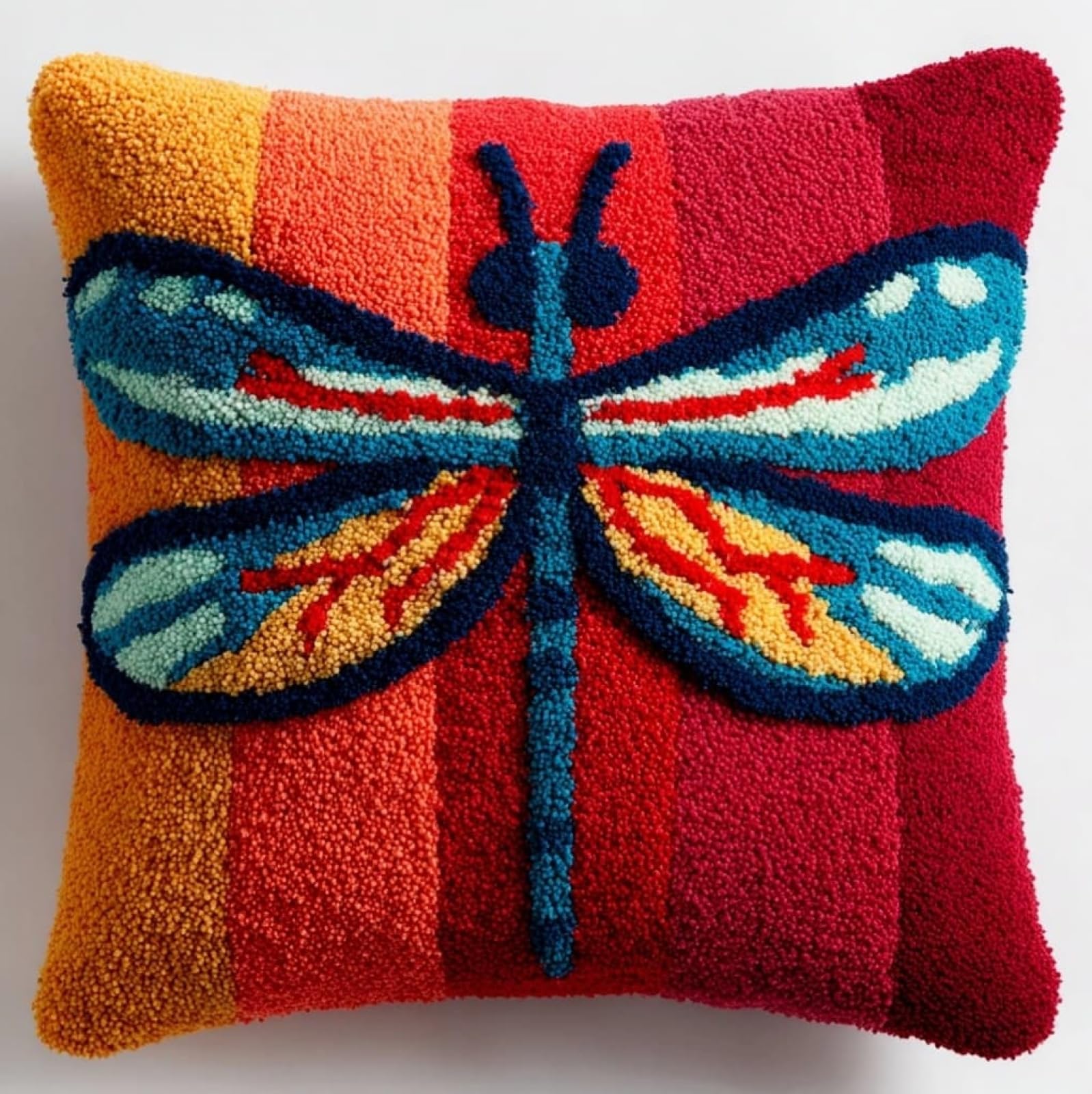 AxiangziK Pre-Printed Latch Hook Pillow Kit for Adults,Cartoon Dragonfly Beginners DIY Crochet Pillow Kit 17X17Inch Needlework Cushion Cover for Home Sofa Decoration