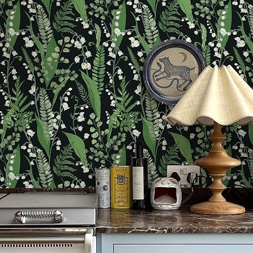 Miniatura 5 de Simon&Siff Papel tapiz vintage para despegar y pegar, papel tapiz botánico floral verde y negro, autoadhesivo, extraíble, apto para inquilinos,