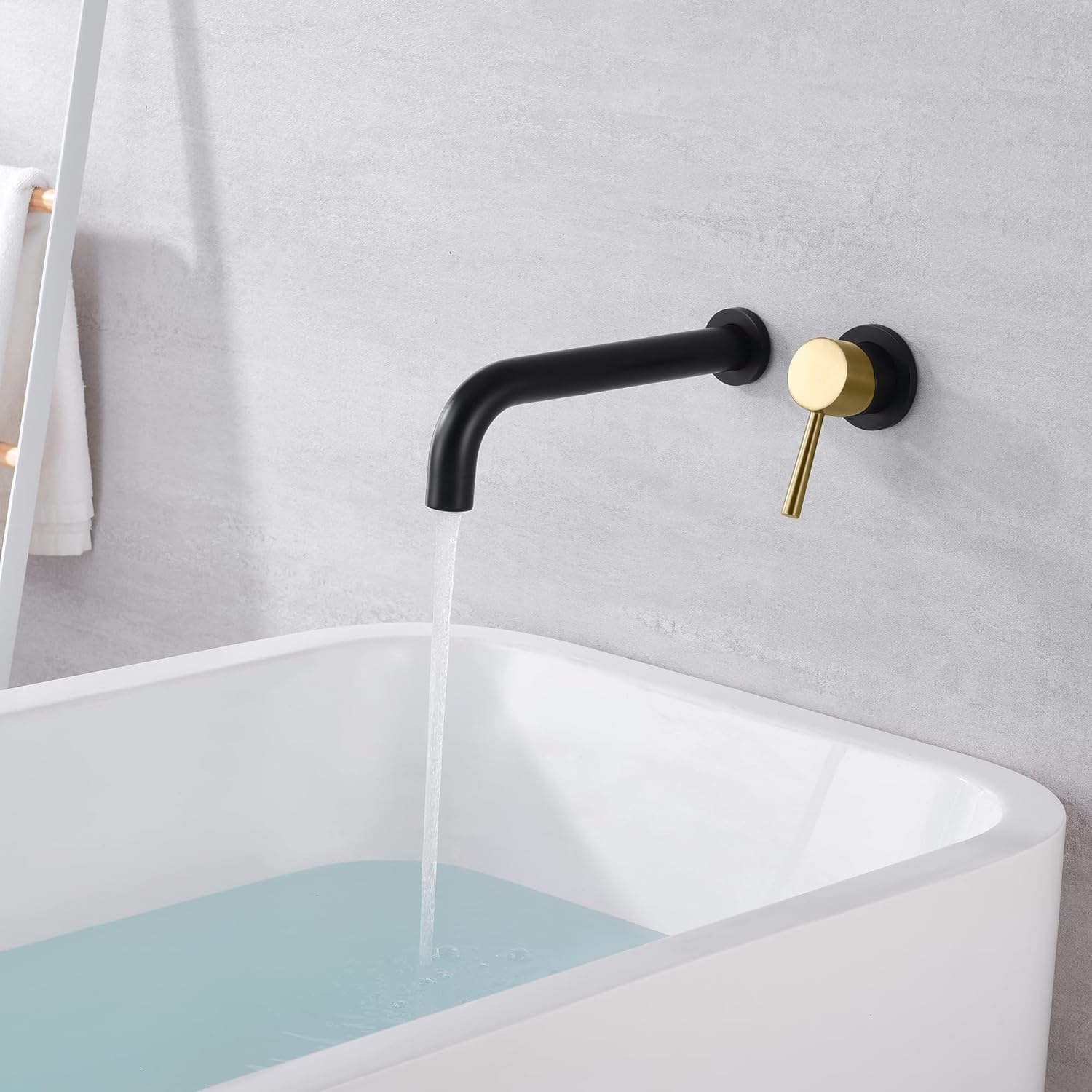 SUMERAIN Wall Mount Tub Faucet Bathroom Bathtub Faucet with Long Tub Filler Spout Black and Gold Finish Single Handle