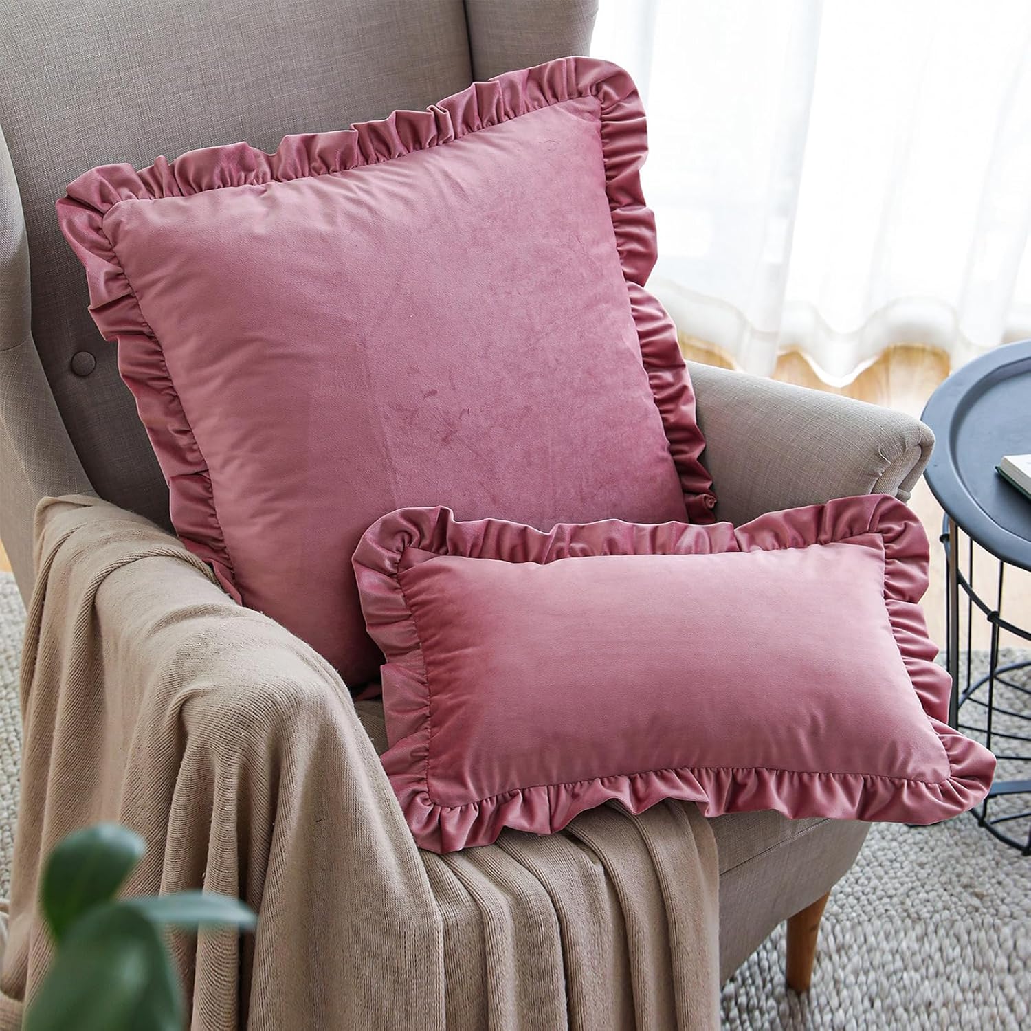 ISAENNE French Dark Peach Rectangle Throw Pillow Covers 12"x20" Set of 2, Solid Color Farmhouse Velvet Decoration Pillow Cover with Ruffles,Throw Pillow Case for Couch Sofa Bed Living Room Car