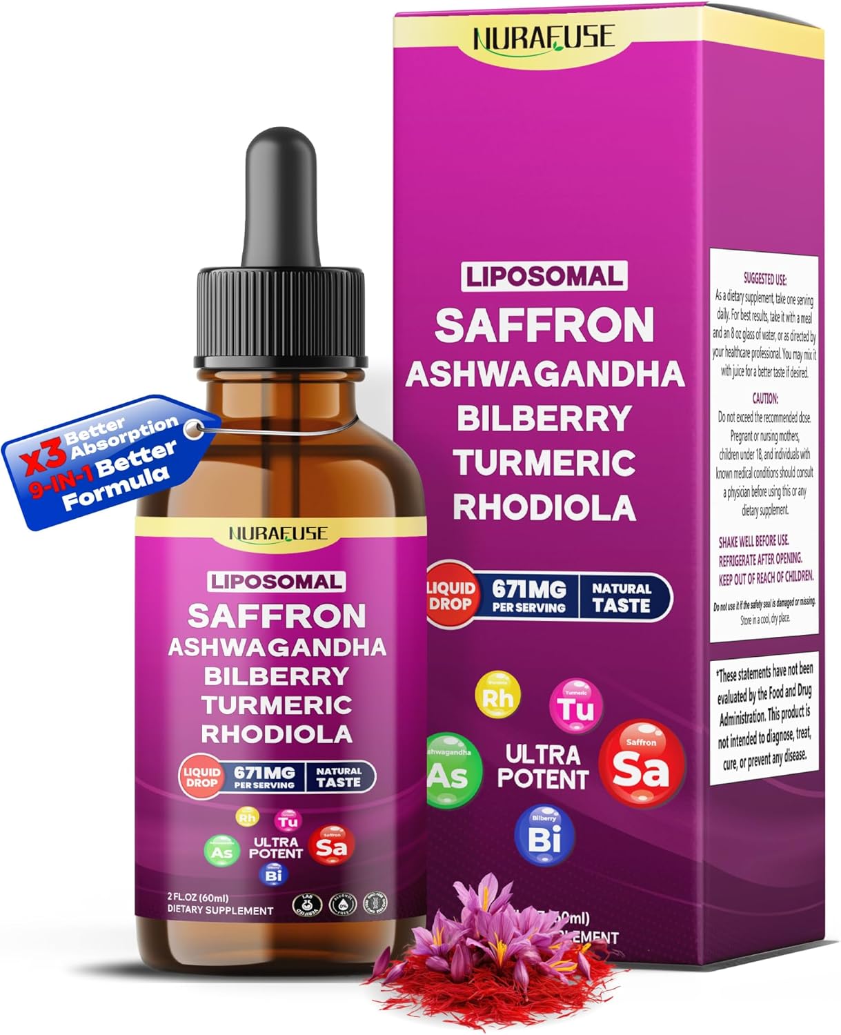 Liposomal Saffron, Ashwagandha, Bilberry, Turmeric, Rhodiola Liquid Drops – 1000mg per Serving, Ultra Potent, Natural Taste – 2 FL OZ (60ml)