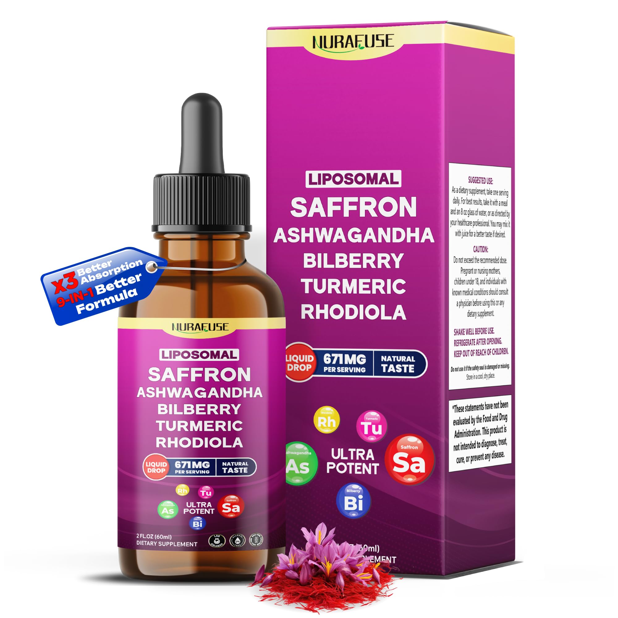 Liposomal Saffron, Ashwagandha, Bilberry, Turmeric, Rhodiola Liquid Drops – 1000mg per Serving, Ultra Potent, Natural Taste – 2 FL OZ (60ml) 60ml (pack of 1)