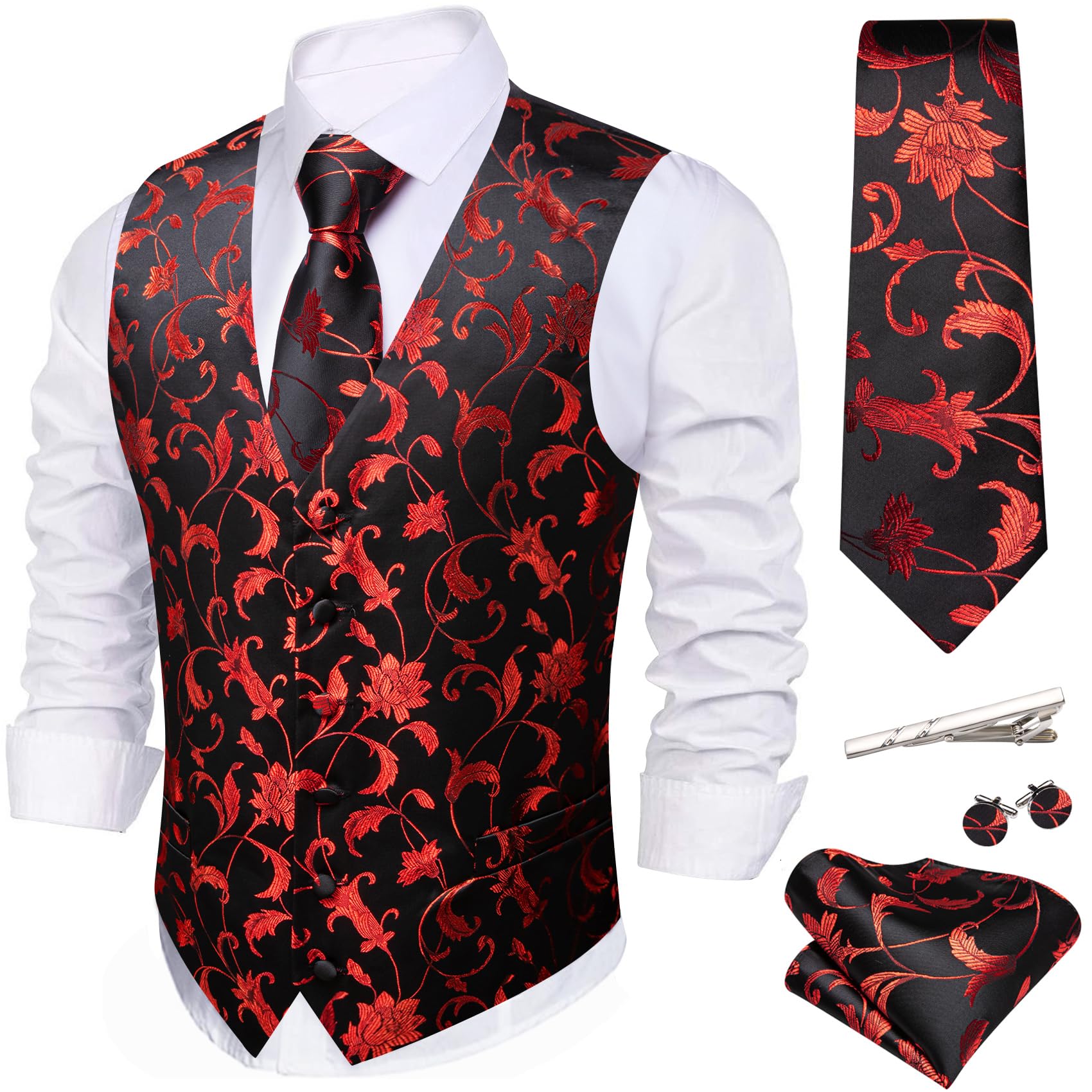 Barry.Wang Mens Suit Vest Floral Silk Waistcoat Ties Formal/Leisure 5PCS