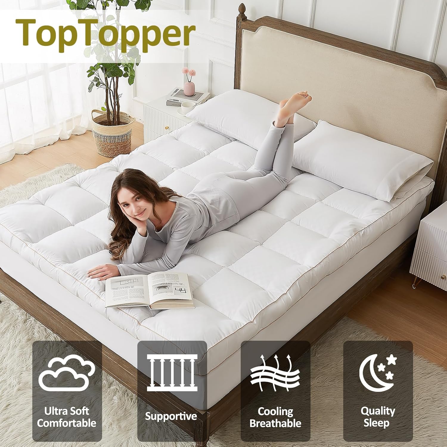 Mattress Topper Queen, Cooling Mattress Pad Cover for Hot Sleepers, Extra Thick 5D Snow Down Alternative Overfilled Plush Pillow Top with 8-21 Inch Deep Pocket -60