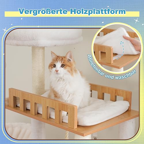Hey-brother Noyer EMPJ121WB Wooden Cat Scratching Post, 184 cm Cat Tree for Large Cats, Multi-Tier Stable Cat Scratching Post with Large Platforms, Basket, Cat Cave, Combing Machine and Ladder - 3