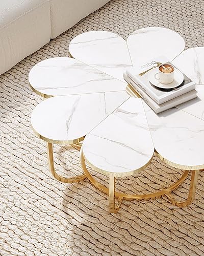 Miniatura 7 de LITTLE TREE Mesa de centro blanca y dorada de 39.37 pulgadas, moderna mesa central en forma de flor con parte superior de mármol sintético y marco