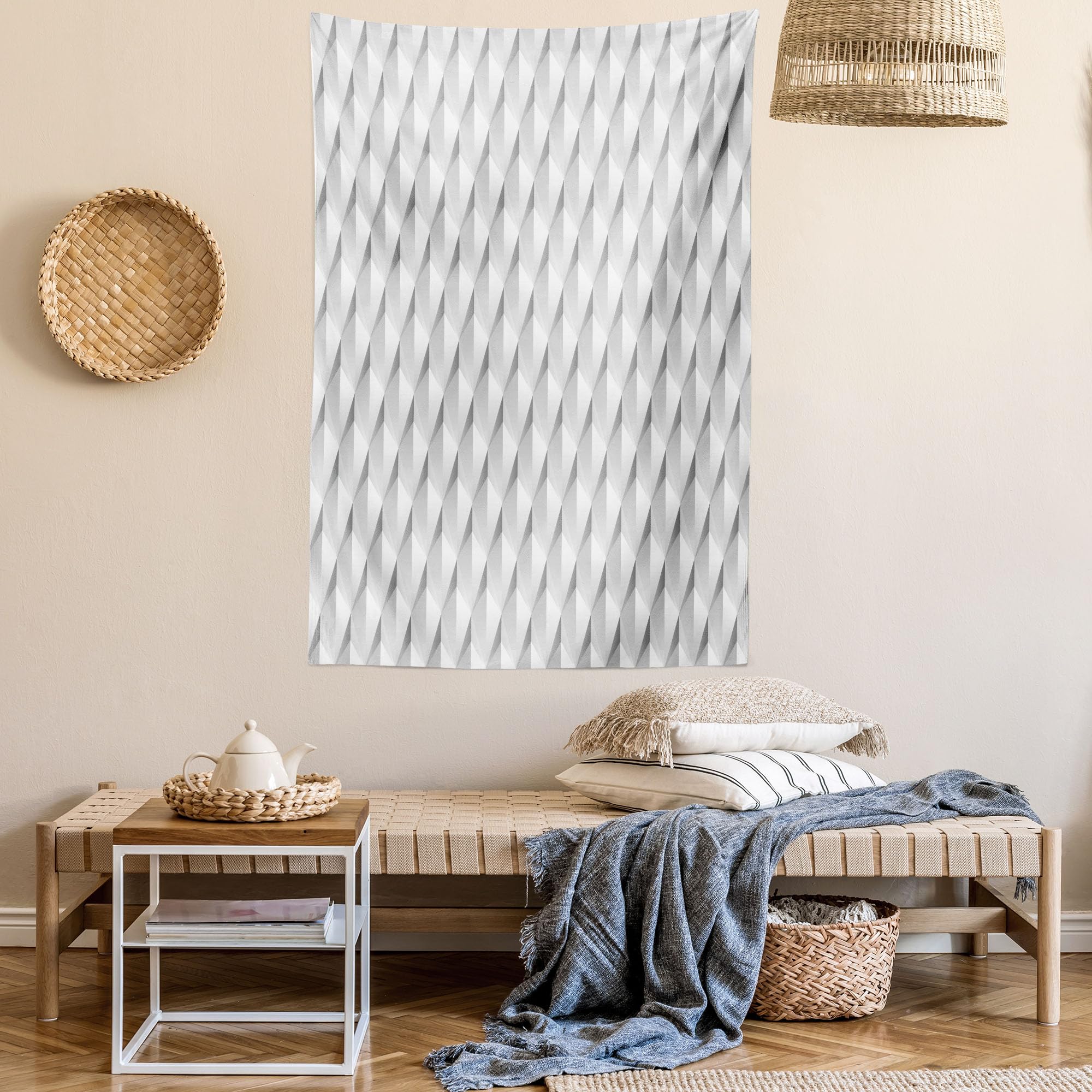 Lunarable Grey and White Tapestry, Volumetric Abstract Rhombus