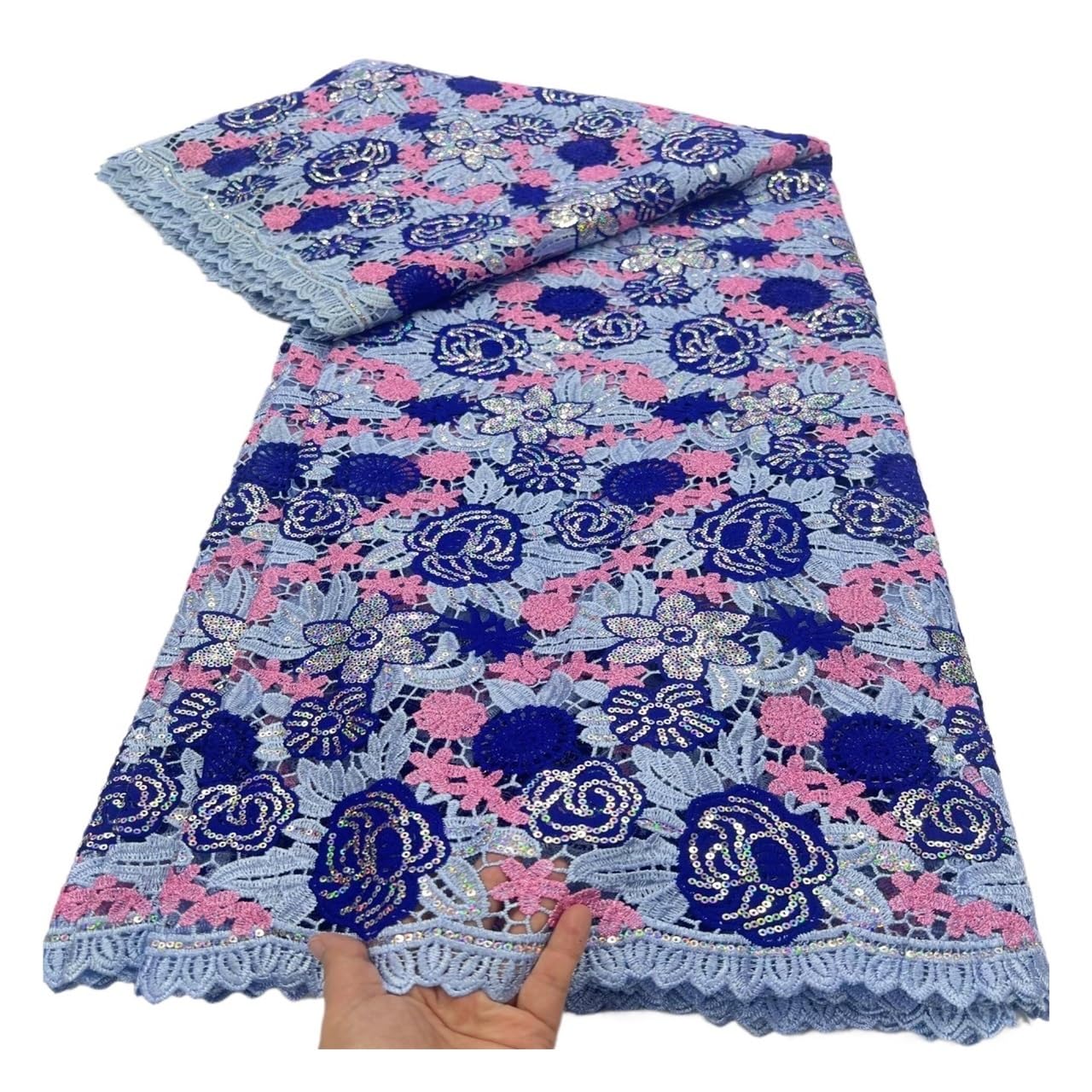 Tela de encaje guipur con recorte lentejuelas florales, 5 yardas | tela de encaje cortada a medida, tela de 47 pulgadas de ancho, costura de ropa de tela con cuentas(Blue)