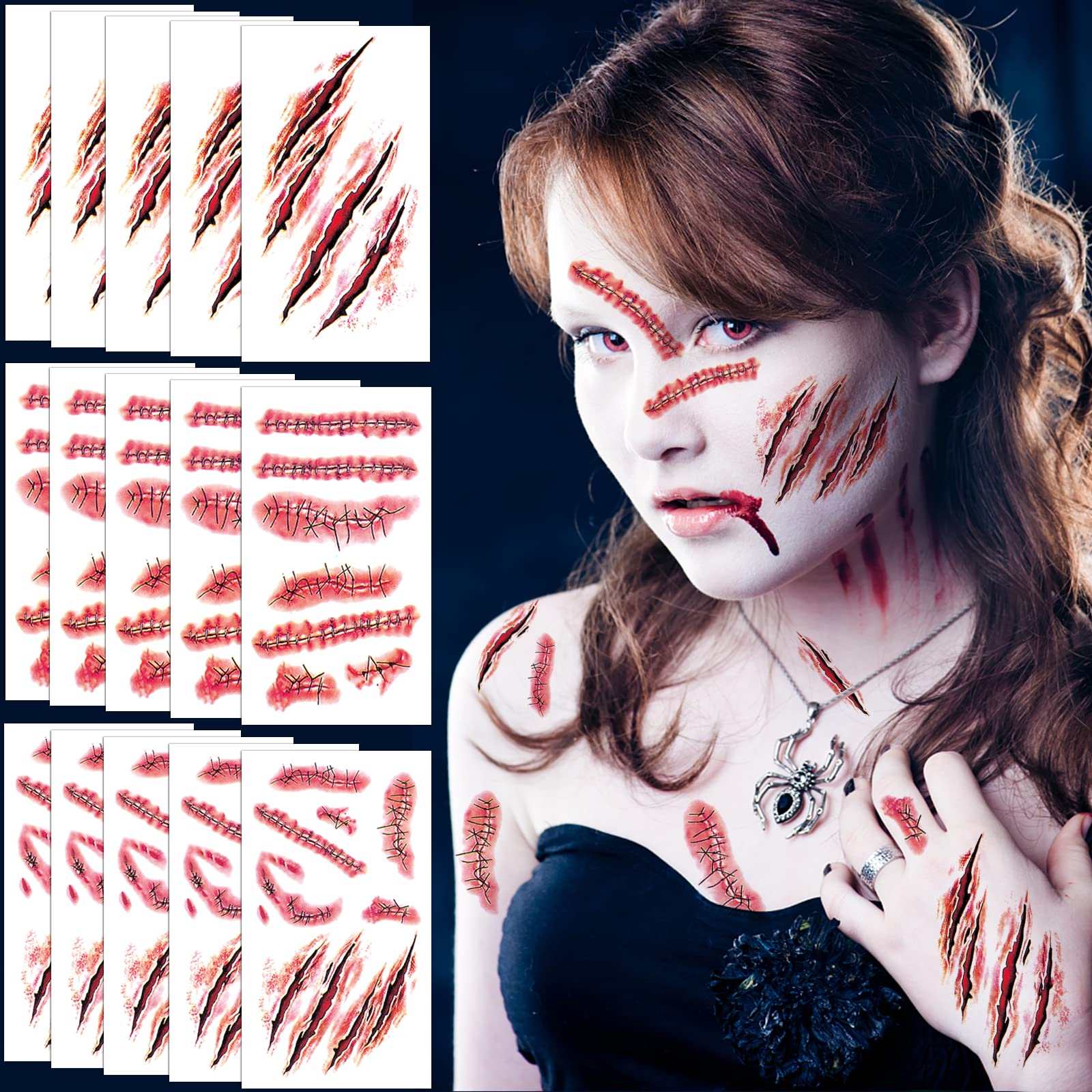 400 Pezzi Tatuaggi Temporanei Elekin Halloween - Set Da 50 Fogli Con Ferite Finte, Cicatrici, Zombie, Ragnatele E Sangue Finto, Adesivi Per Trucco Spaventoso