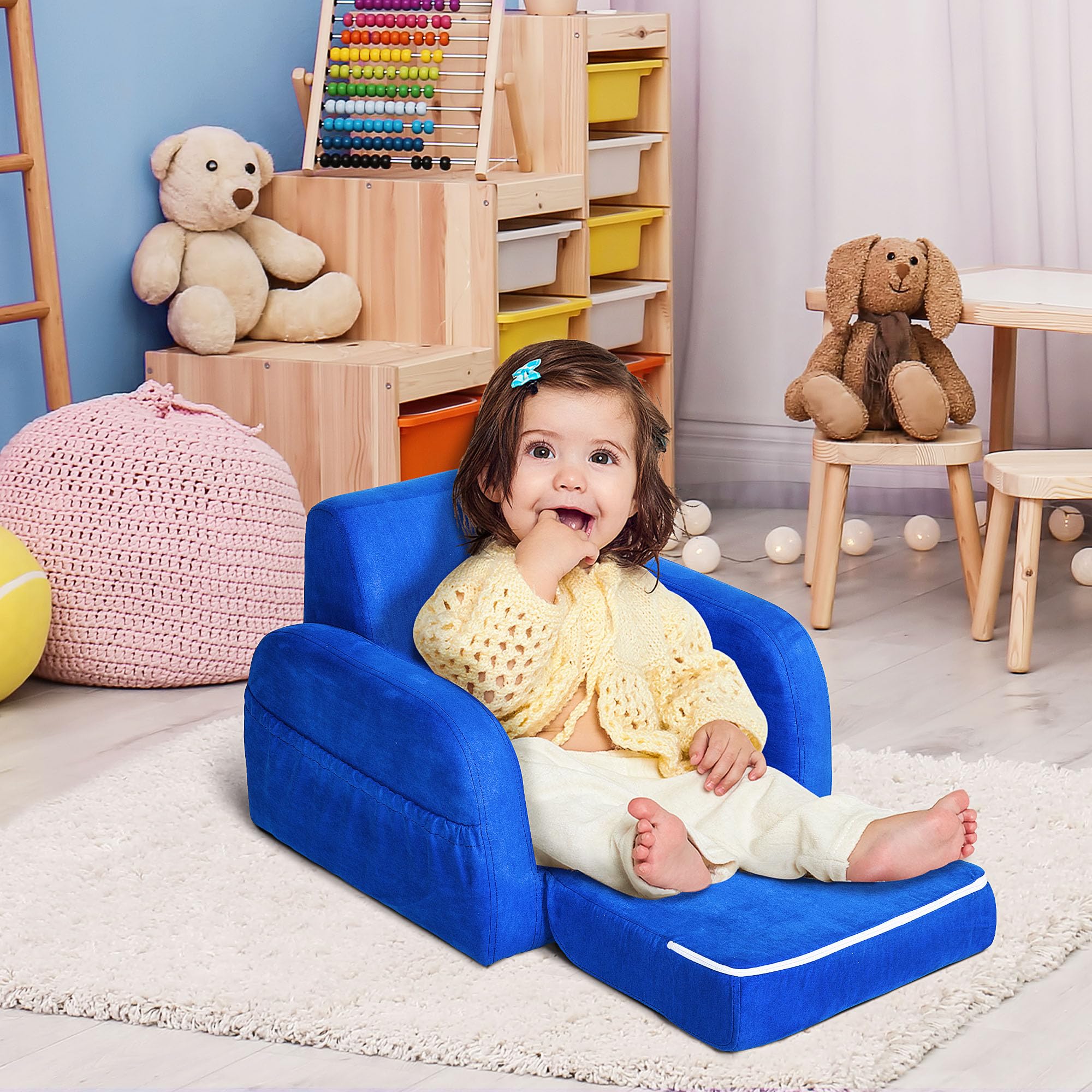 HOMCOM Fotele dziecięce dziecięce maluch sofa krzesło 2 w 1 sofa łóżko składana kanapa miękka flanelowa gąbka pokój zabaw sypialnia salon niebieski