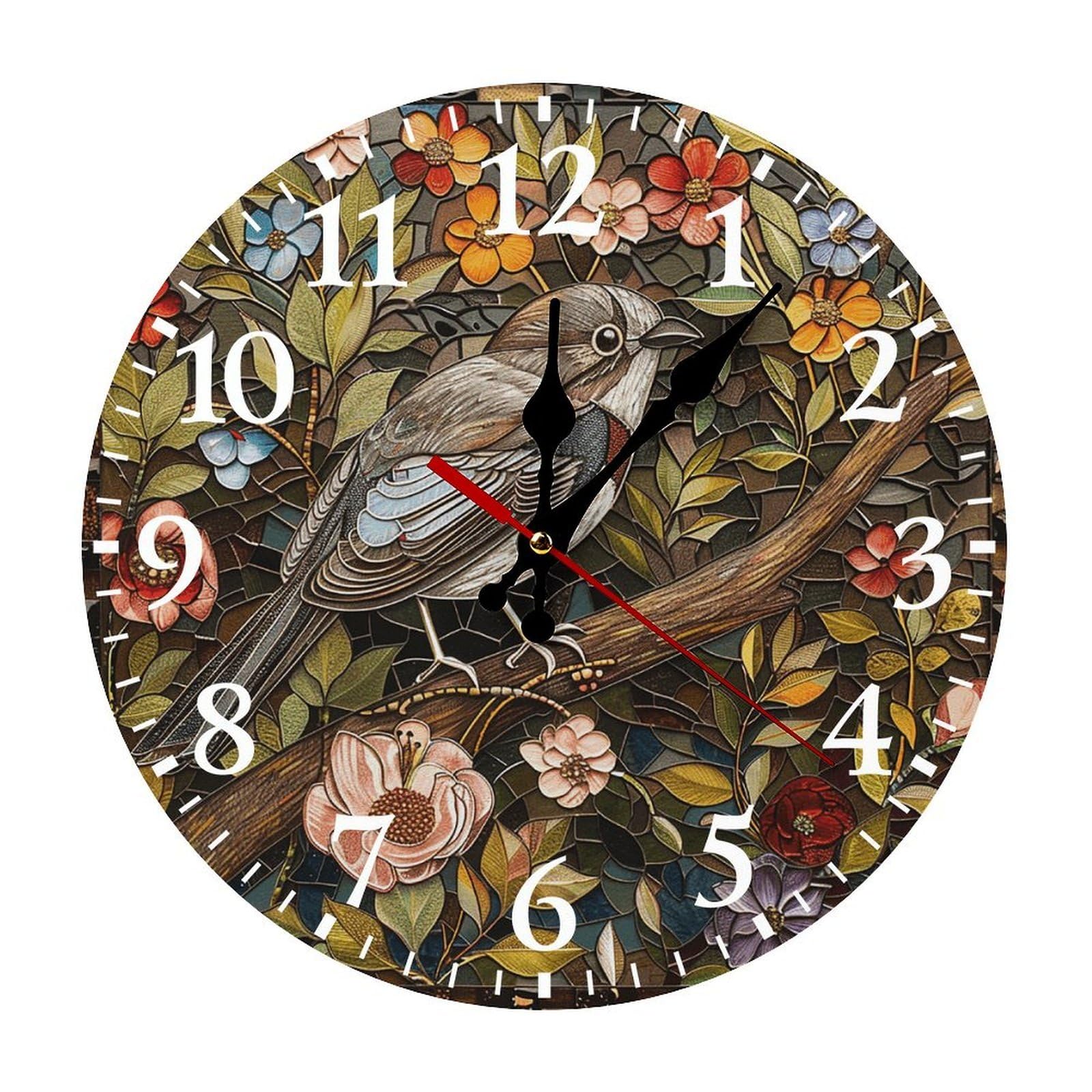 NTVOWPZO 10 Inch Wall Clock Bird Perched on Branch Battery Operated Wall Clocks Silent Non-Ticking Round Wall Clock for Living Room Kitchen Home Office Wall Decorative Clock