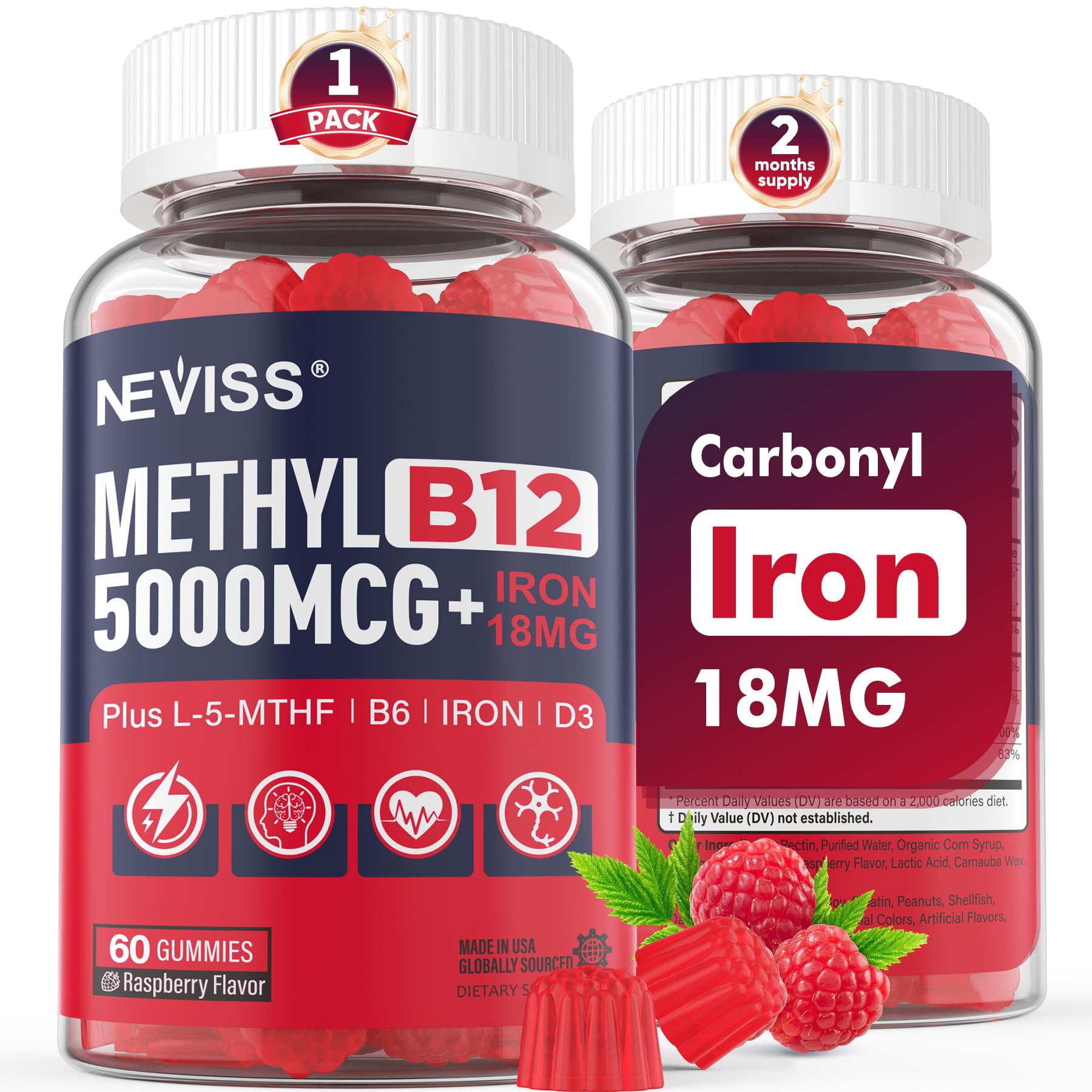 Methylated B12 Gummies 5000mcg/10000mcg & L-Methylfolate 400mcg + Iron 18mg 60 Count (Pack of 1)