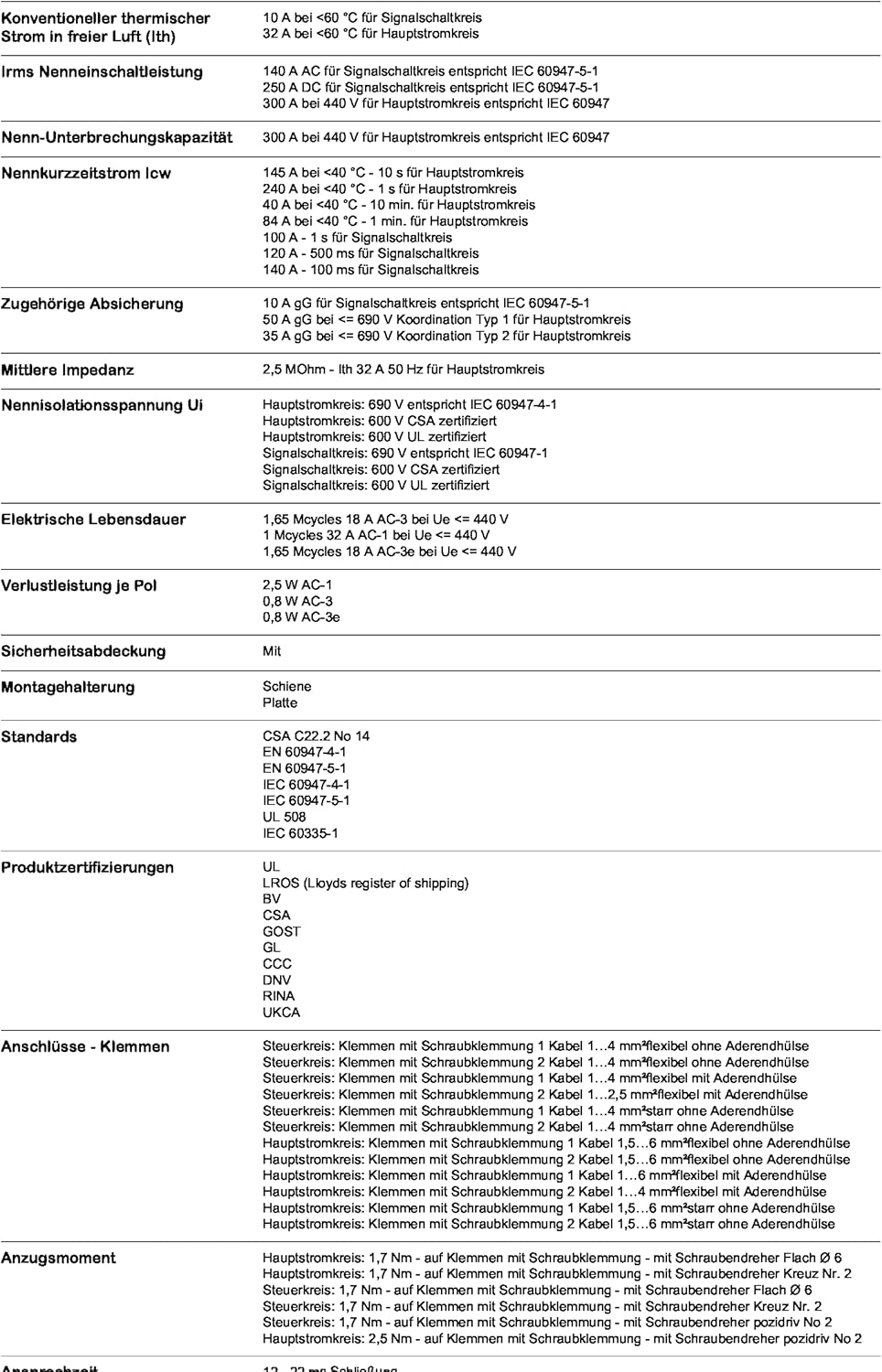 Technical data sheet for the Schneider Electric TeSys D contactor, continued, showing additional specifications in German.