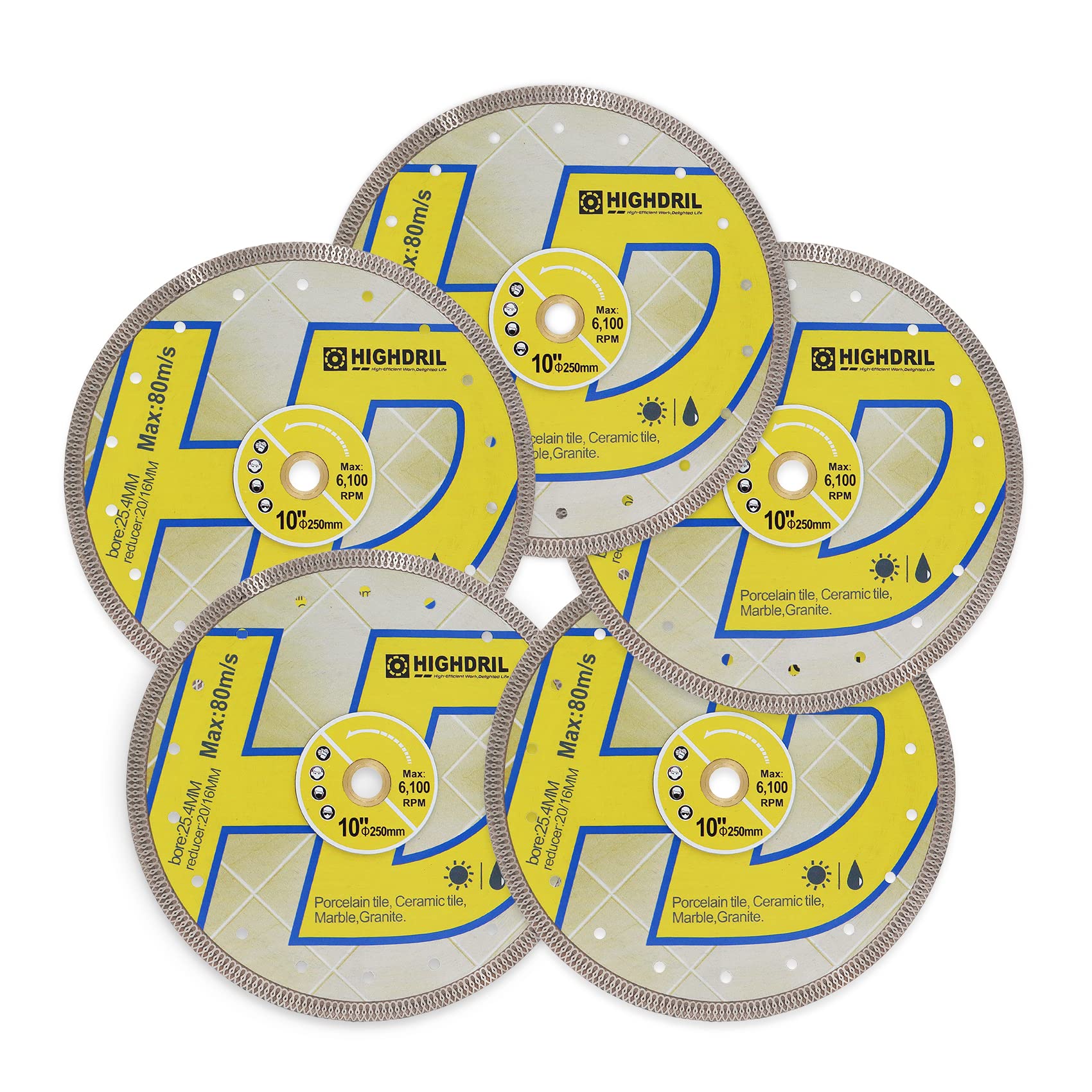 HIGHDRIL Hoja sierra diamante, 5 piezas hoja de azulejos de diamante de 10 pulgadas, corte de disco azulejos de porcelana cerámica granito mármol uso seco o húmedo hoja de sierra circular