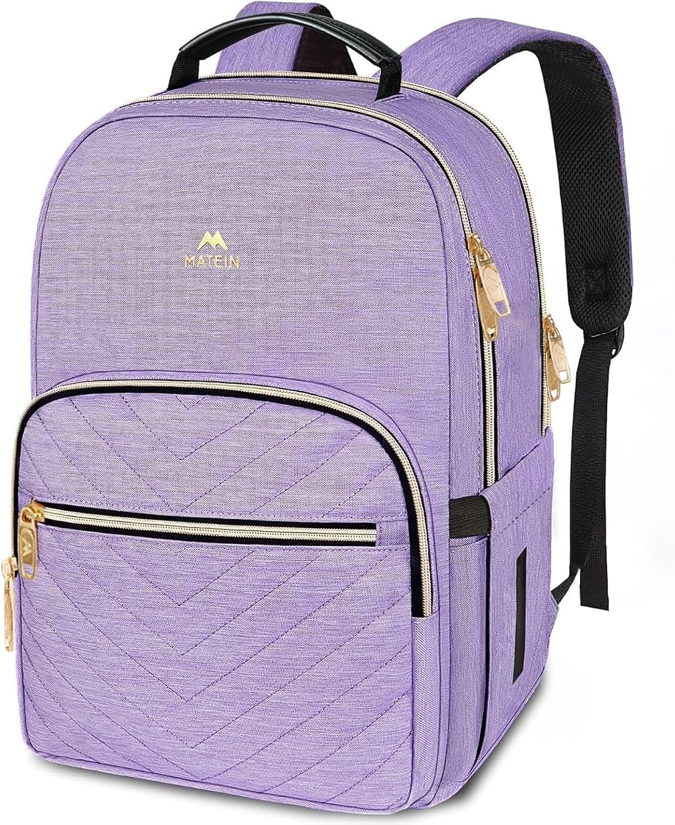 MATEIN Mochila escolar universitaria de 15,6 pulgadas para mujer, mochila para portátil morada | Mochila de ordenador para estudiantes resistente al agua y elegante para niñas, antirrobo, para campus, enfermera diaria, bolsa de transporte