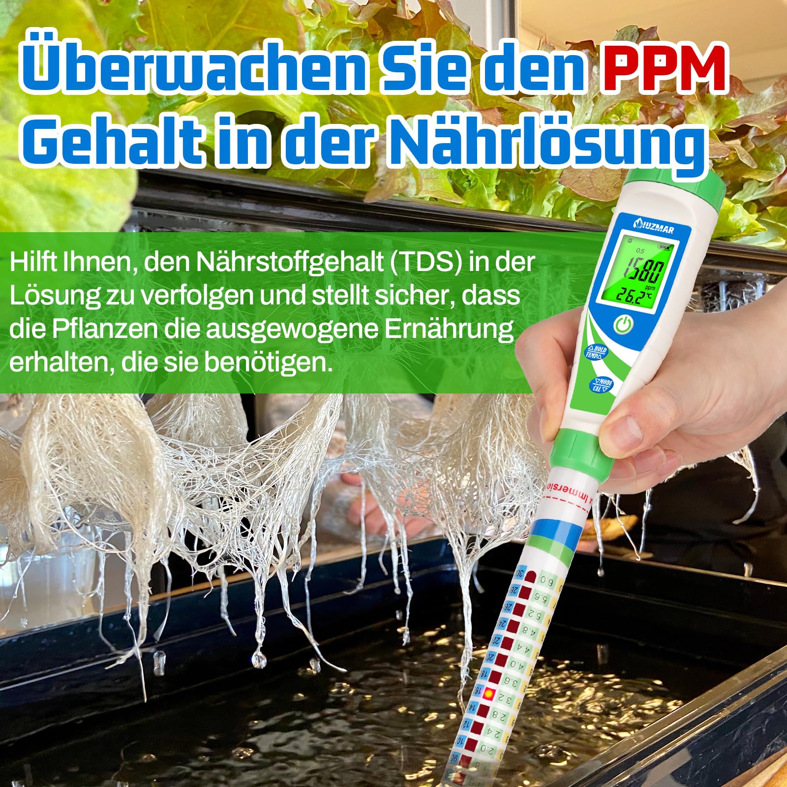 UIUZMAR Digitaler Leitfähigkeitstester, Professioneller EC Messgerät Grow (EC, ppm 500, ppm 700, CF), Hydrokultur PPM Messgerät mit Lichtanzeige für Gartenbau, Hydroponik Anbauzelt, Reservoirwasser