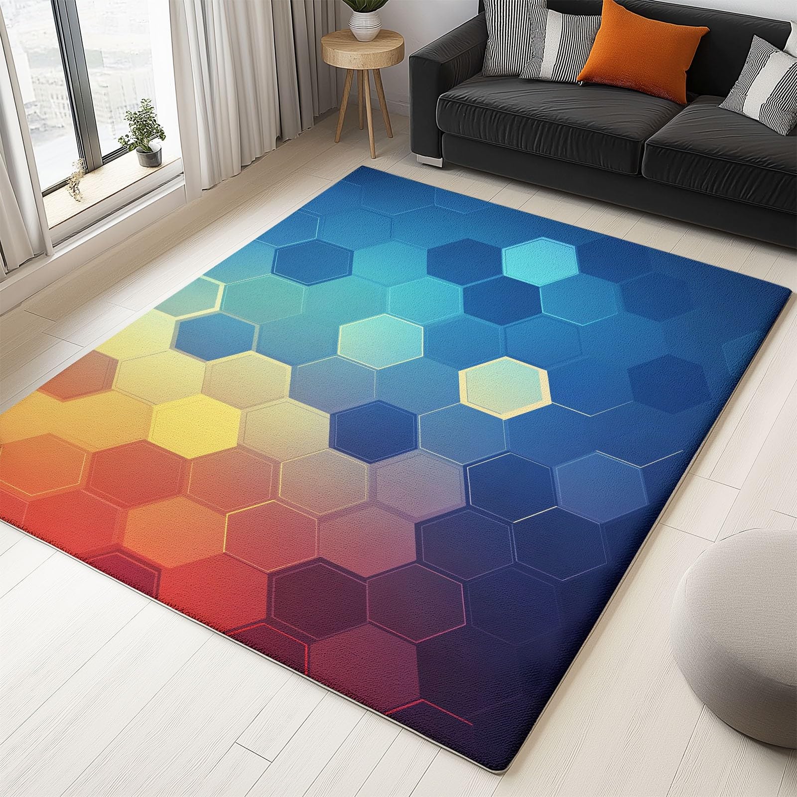 Tapis de salon géométrique jaune et bleu 120x170 cm à poils courts lavable