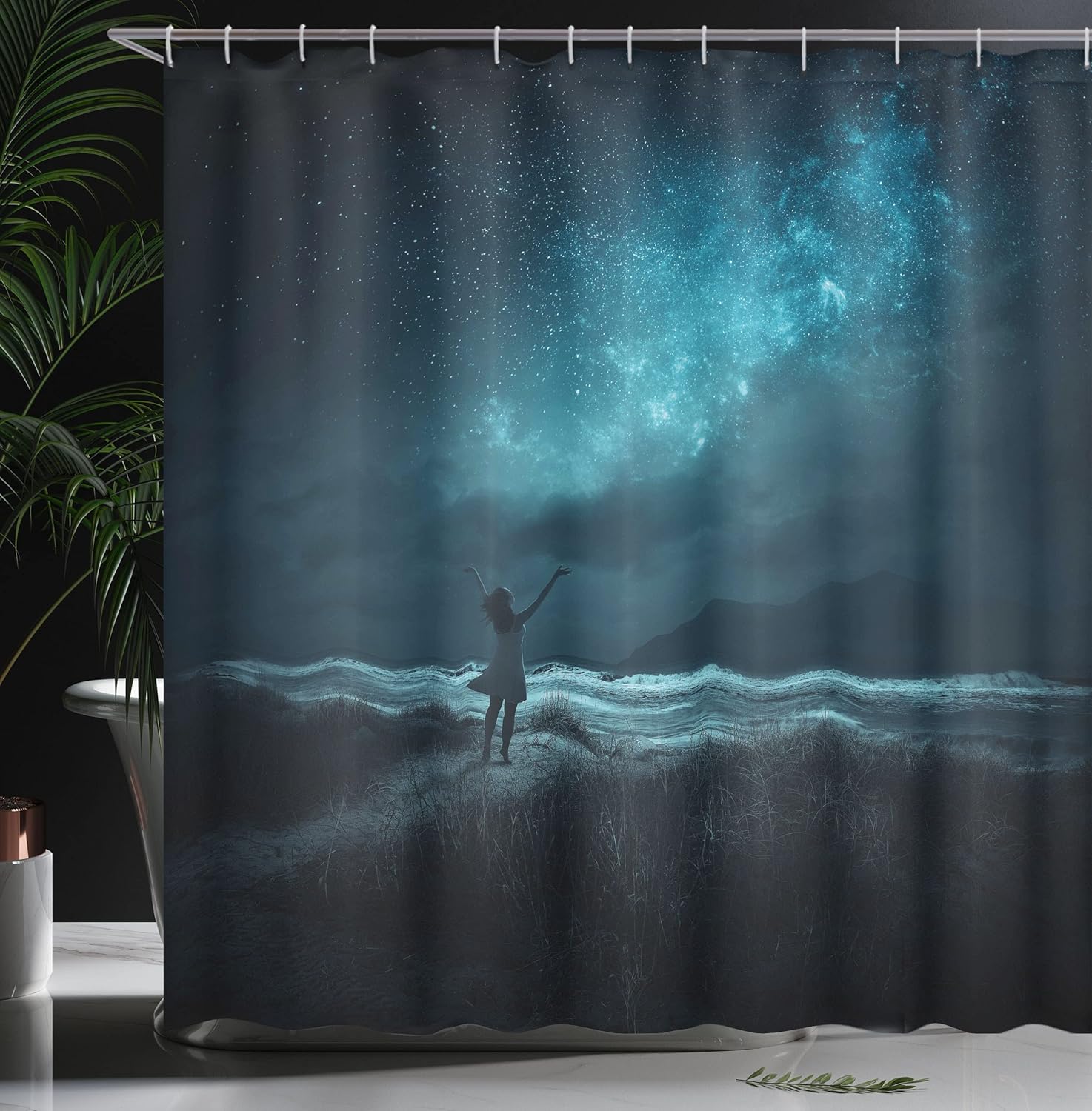 Ambesonne Night Sky Shower Curtain, Woman Opening Hands for Wish Ceremony in Full Moon Crescent Image, Cloth Fabric Bathroom Decor Set with Hooks, 69" W x 70" L, Turquoise and Black