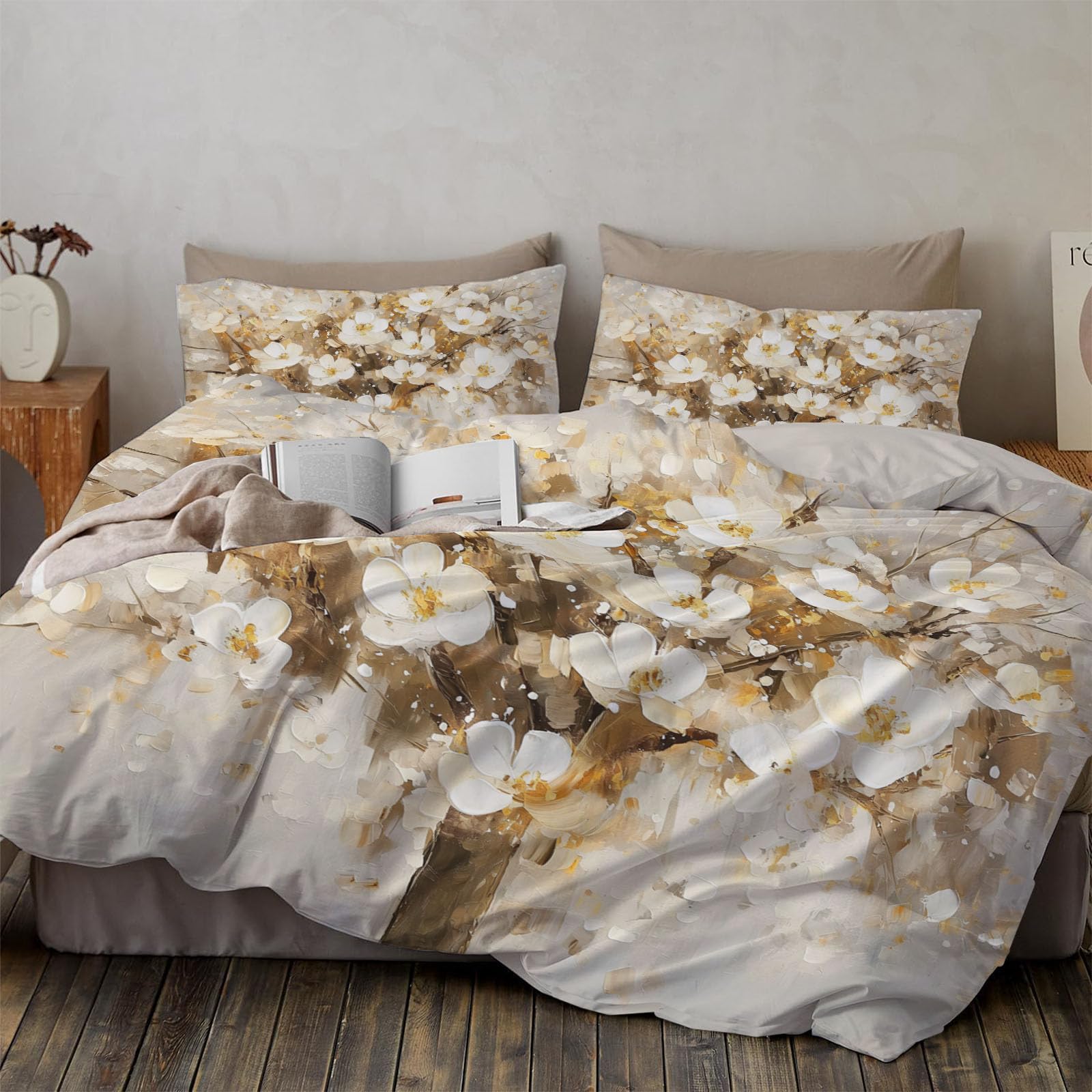 Housse de couette 140x200 texture florale blanche avec 2 taies d'oreiller
