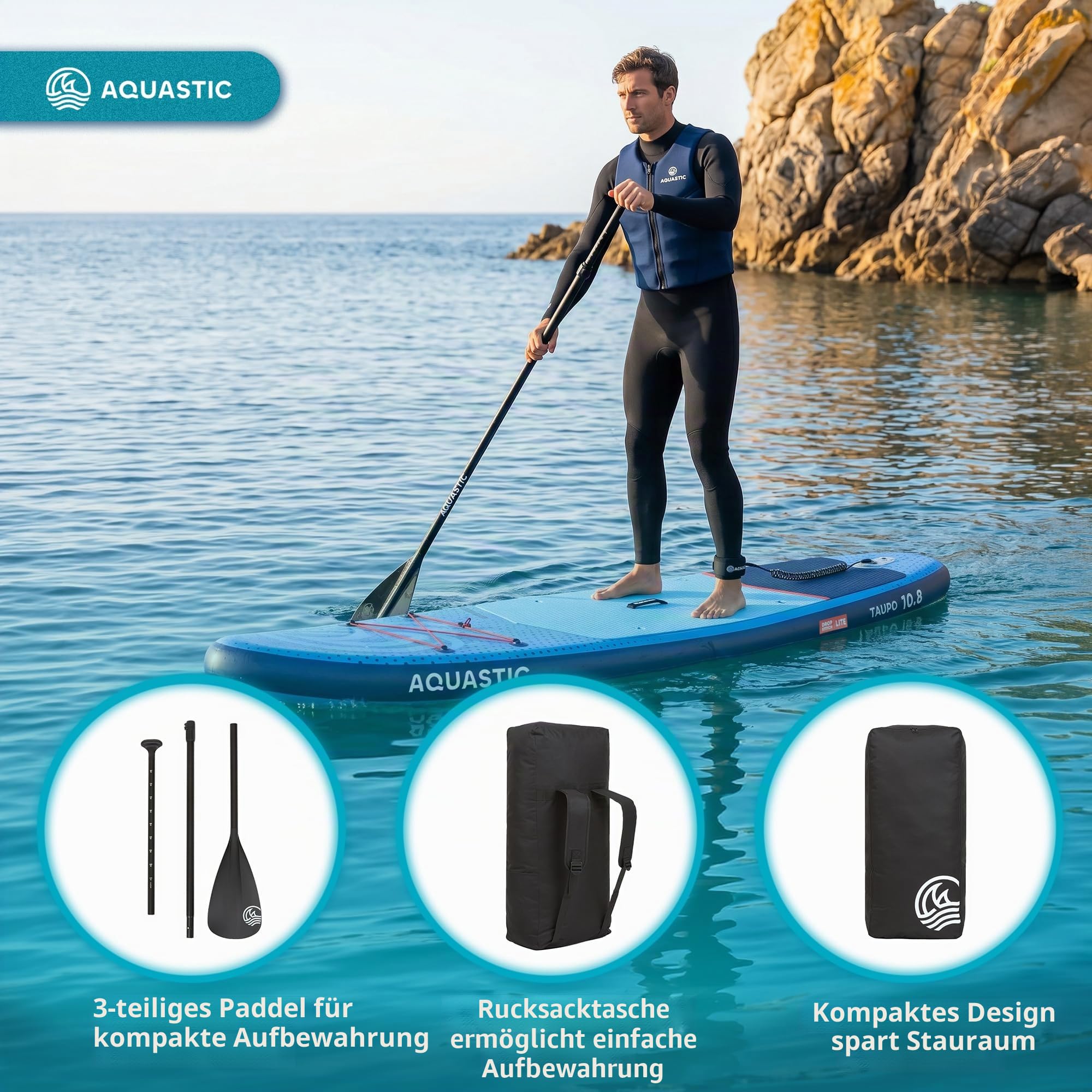 AQUASTIC Taupo SUP Board 10'8" Allround – aufblasbares Stand Up Paddle Board mit Paddel, Pumpe & Rucksack