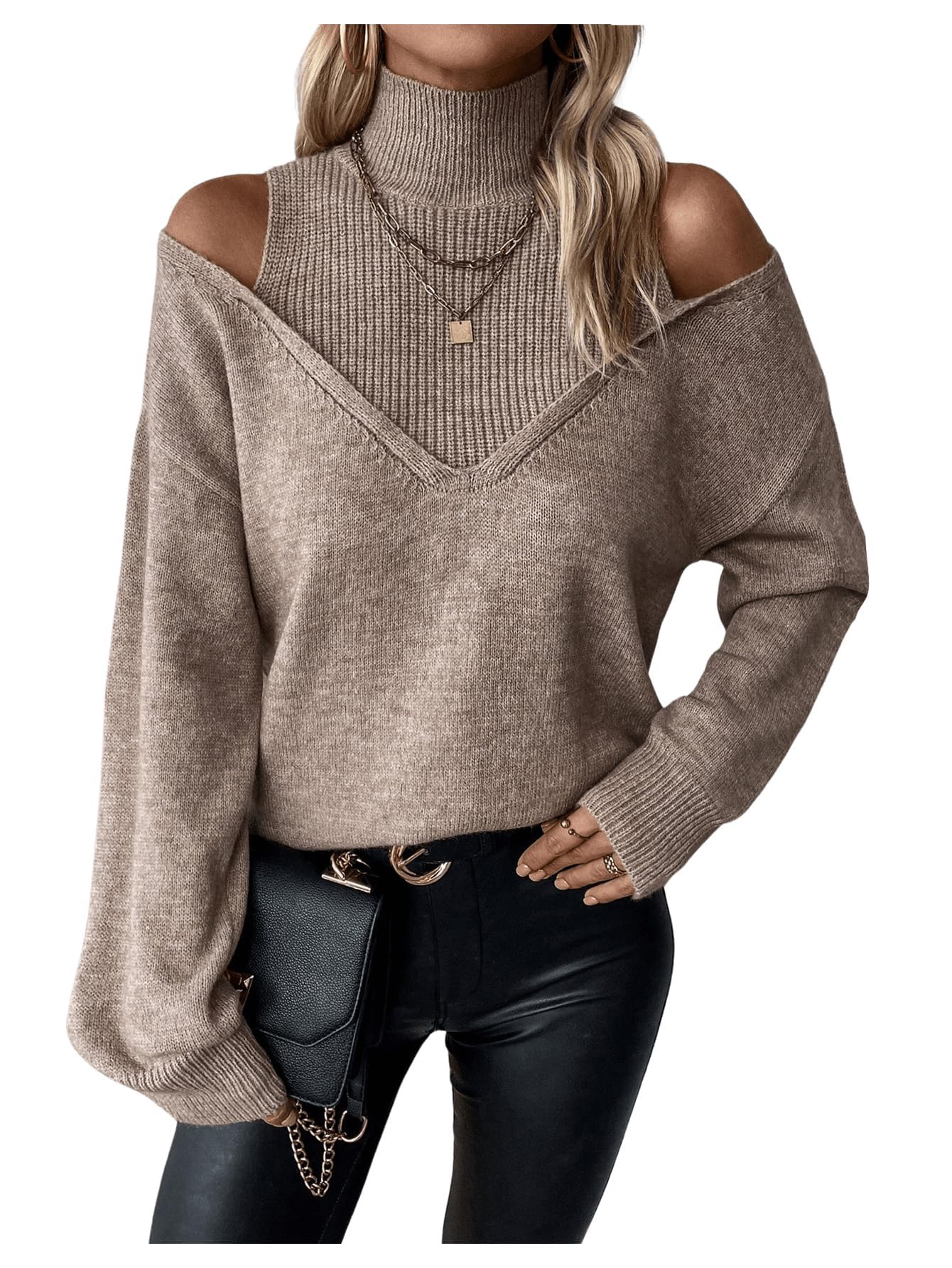 Womens Cold Shoulder Sweater Sexy Turtelneck Cut Out Pullover Sweater Casual Long Sleeve High Neck 2 in 1