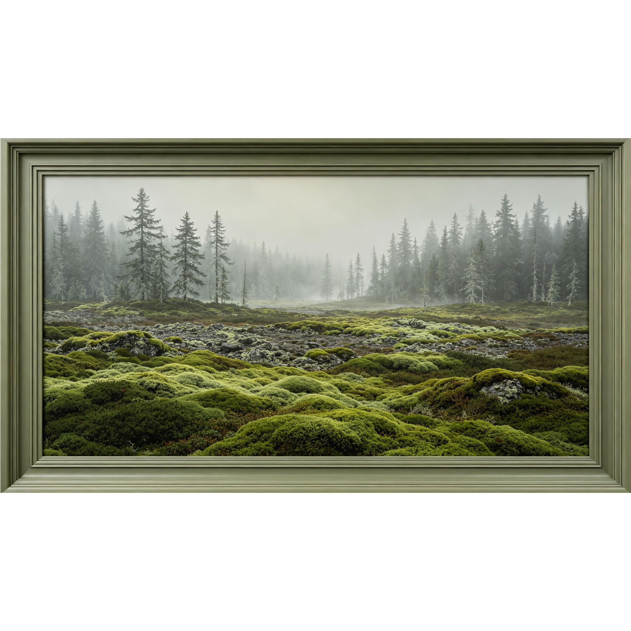 QZLITHOTIC 50×90cm3D Framed Wall Art， Misty Forest Landscape Mossy Terrain Mural， Water?Activated Peel & Stick Fabric Decor Wall Decal for Bedroom Living Room