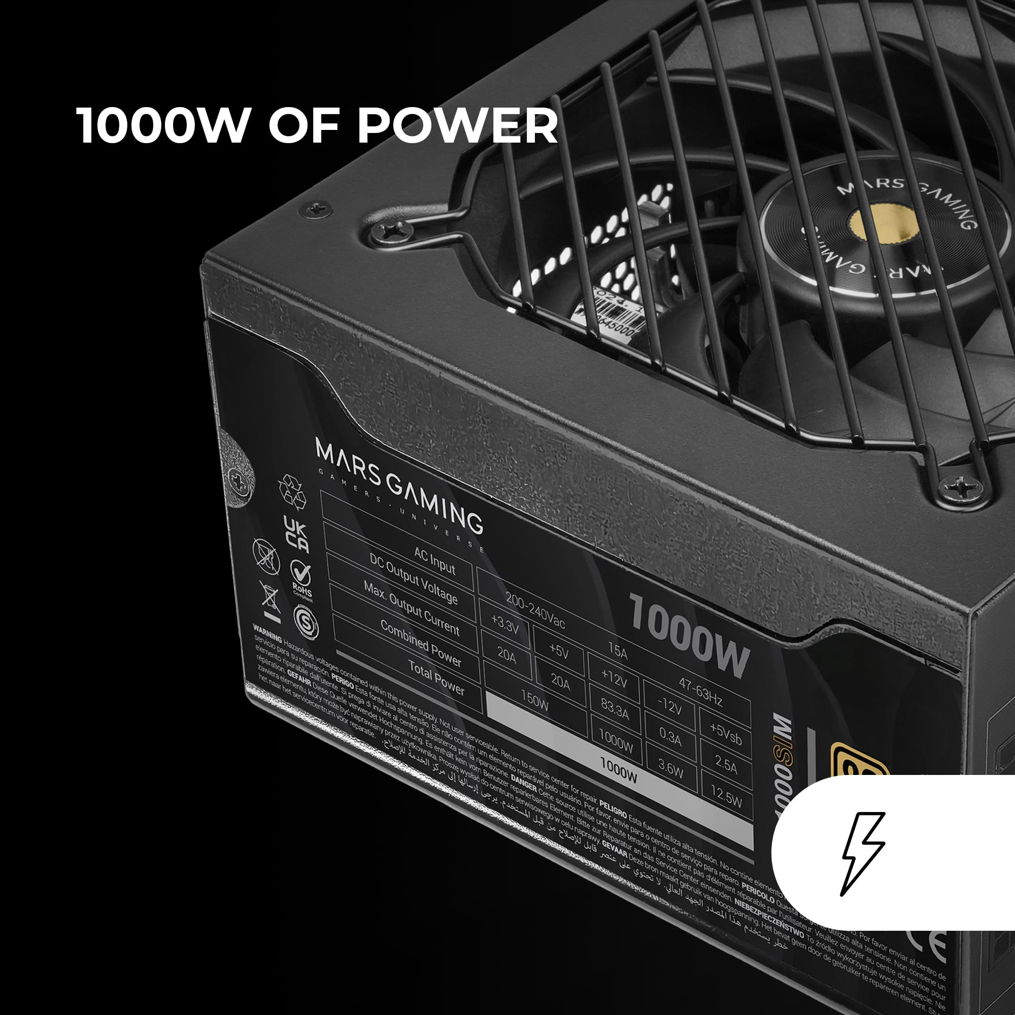 MARS GAMING MPB1000SIM, Alimentatore Full Modular ATX 1000W, 7 Anni Garanzia, 80Plus Gold 90%, Ventola SI Extreme Silence 140mm, Tecnologie AI2-RPM, Condensatori Giapponesi, Nero