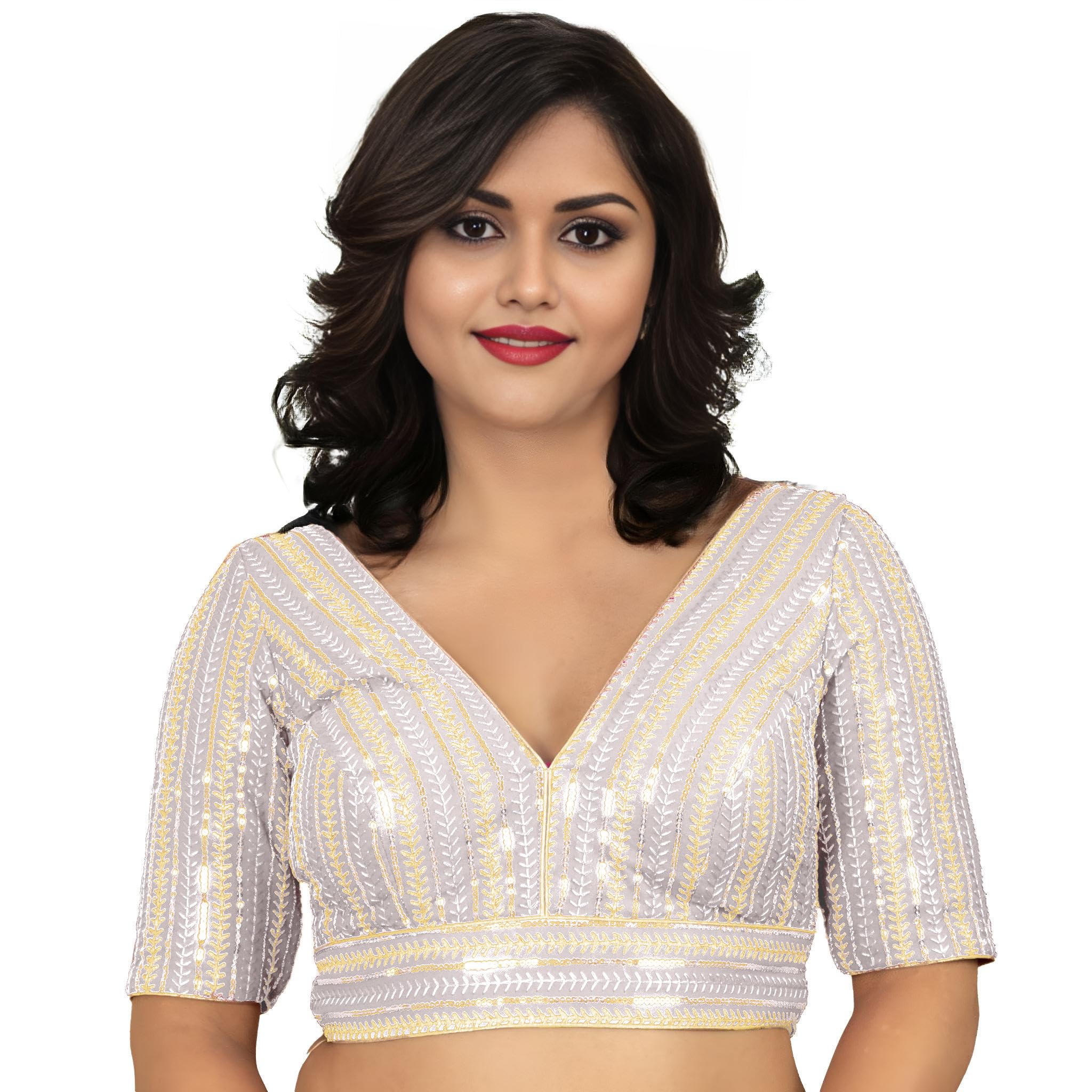 Fancy Designer Blouse for Women for Sarees, Lehengas, and Festivals with Golden Sequin Embroidery V-Neck Georgette Blouse Stylish Ready-to-Wear-image-33