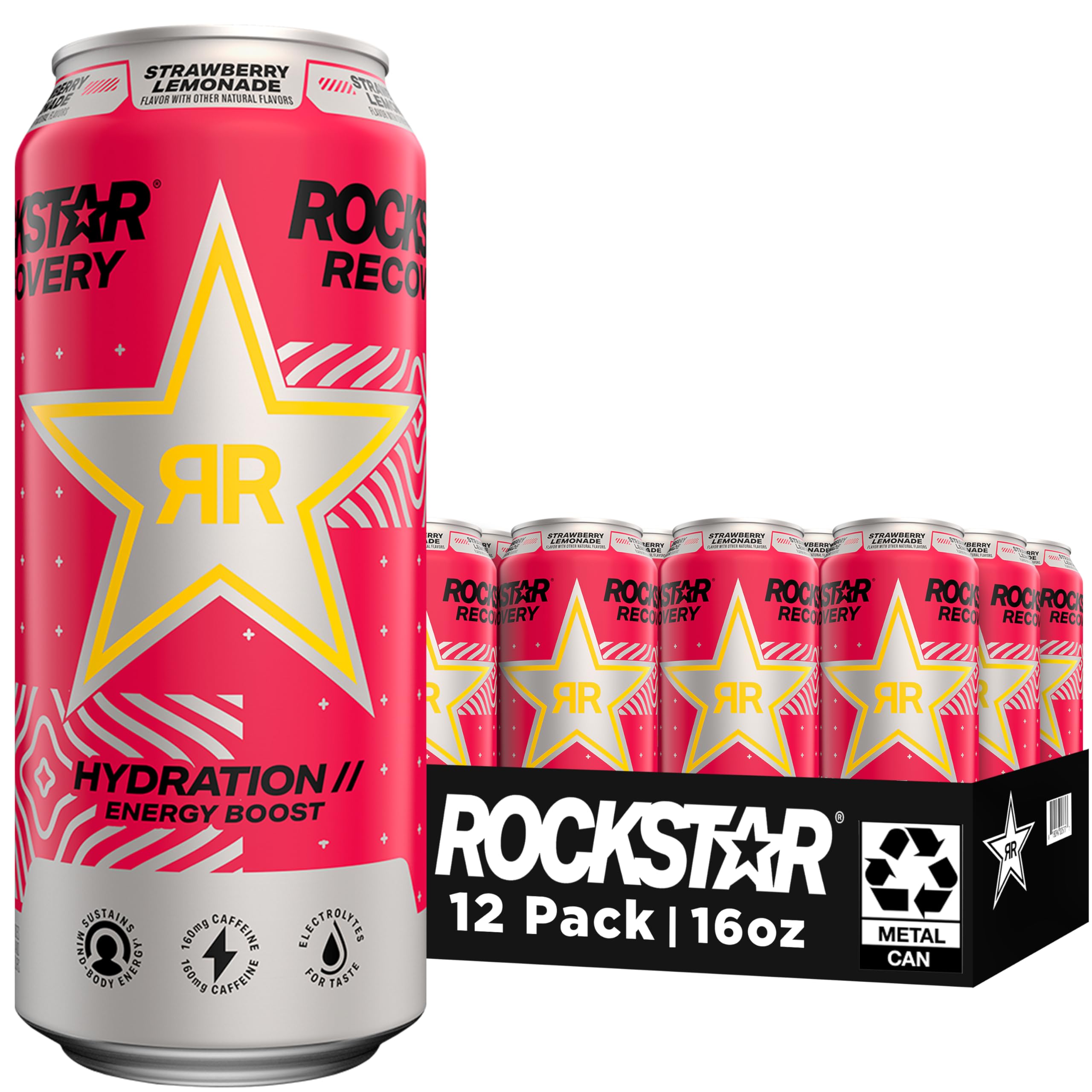Rockstar Recovery Strawberry Lemonade, 16 Fl Oz (Pack of 12)