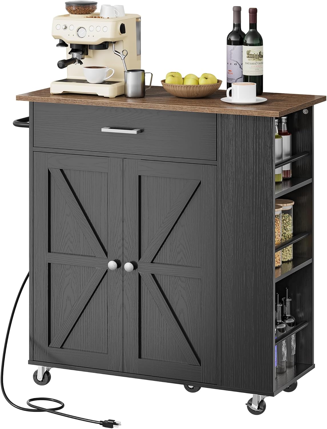CHOEZON Black & Walnut Rolling Kitchen Cart