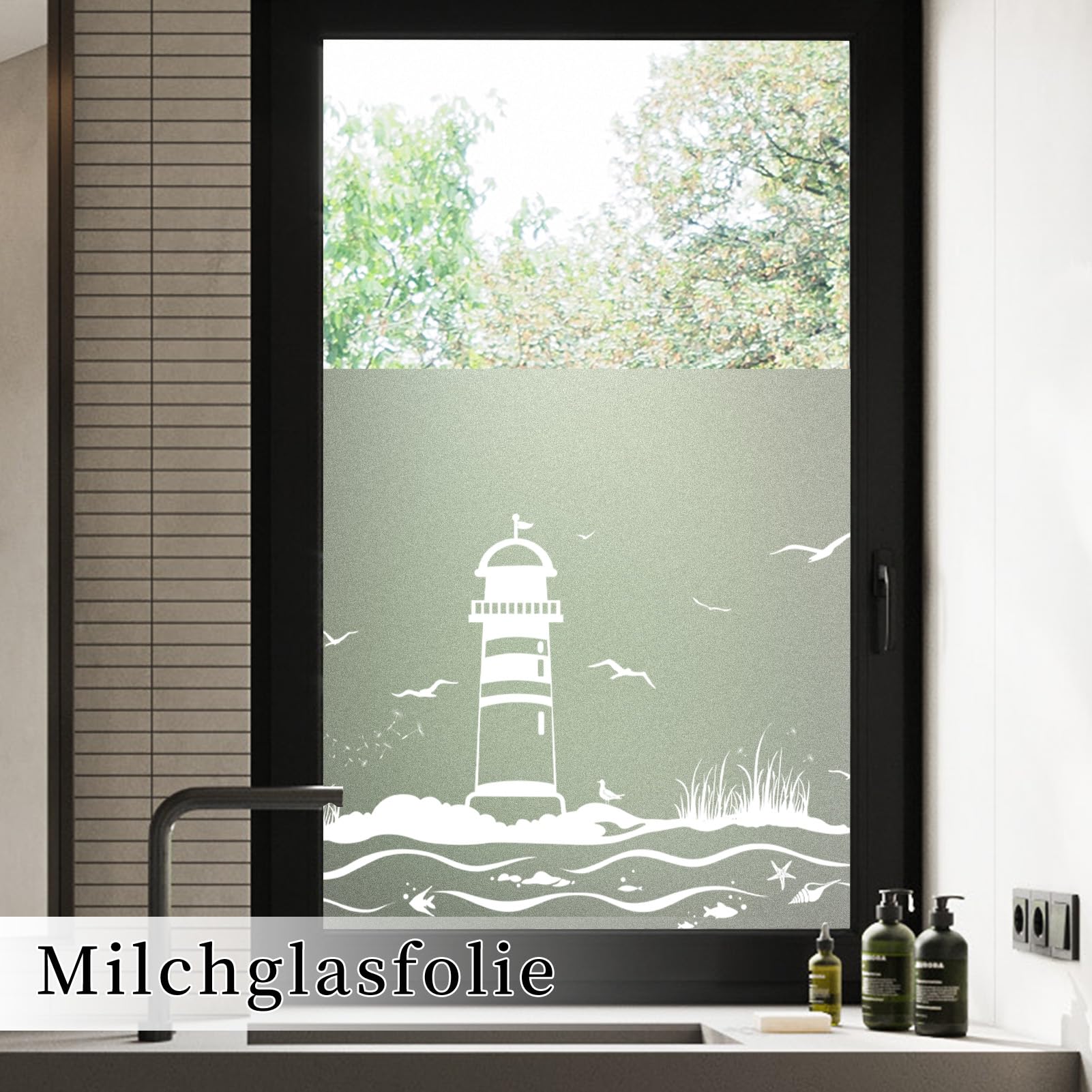 dktie Film opaque pour fenêtre - Blanc (phare et océan 02 version agrandie, 90 x 200 cm)