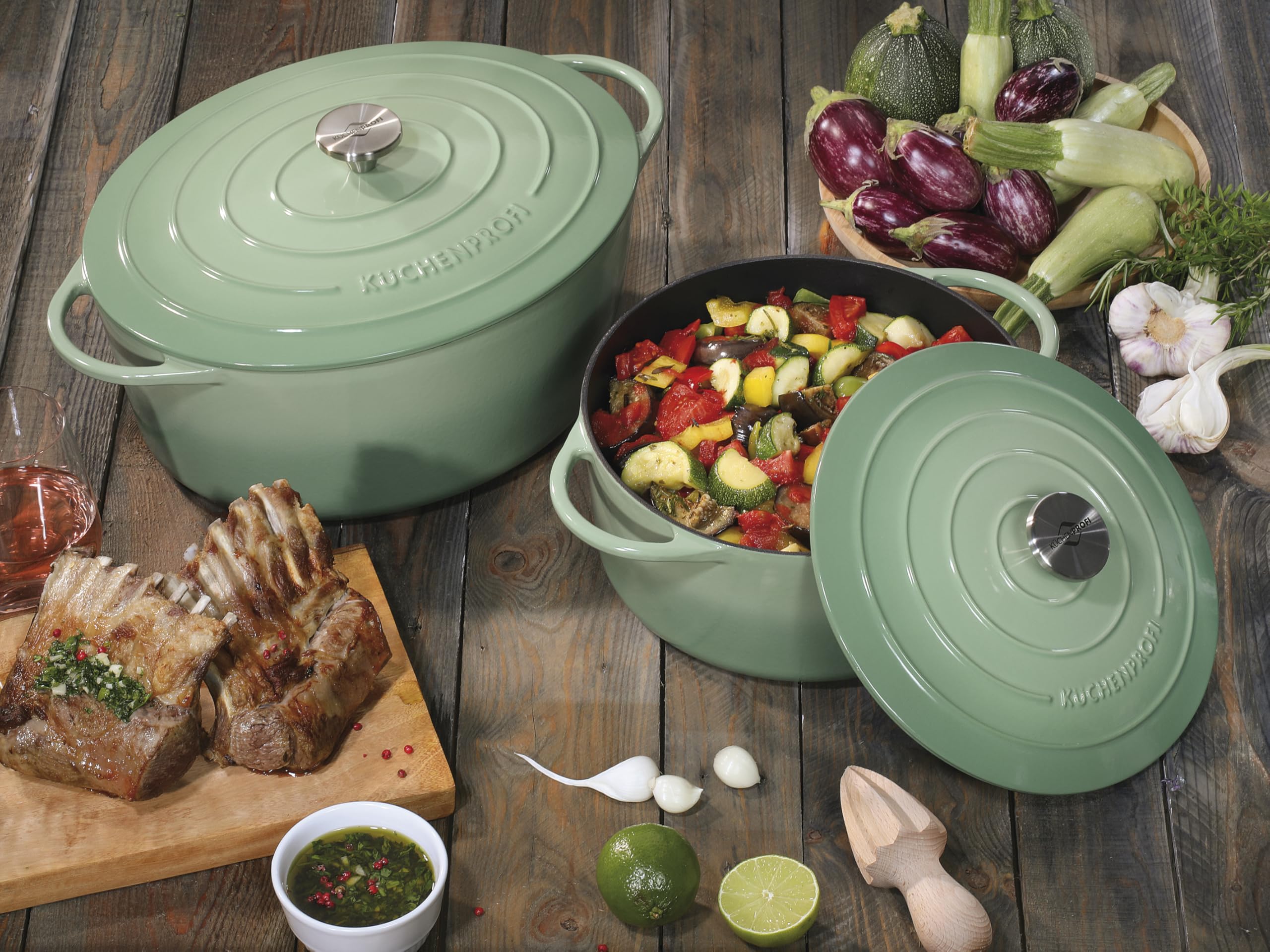 KÜCHENPROFI Gusseisen Bräter oval mit Deckel, 33 cm, emailliert, Jade | Bratentopf, emailliertes Gusseisen, für alle Herdarten, induktionsgeeignet, für Grillgeräte, hitzebeständig, pflegeleicht
