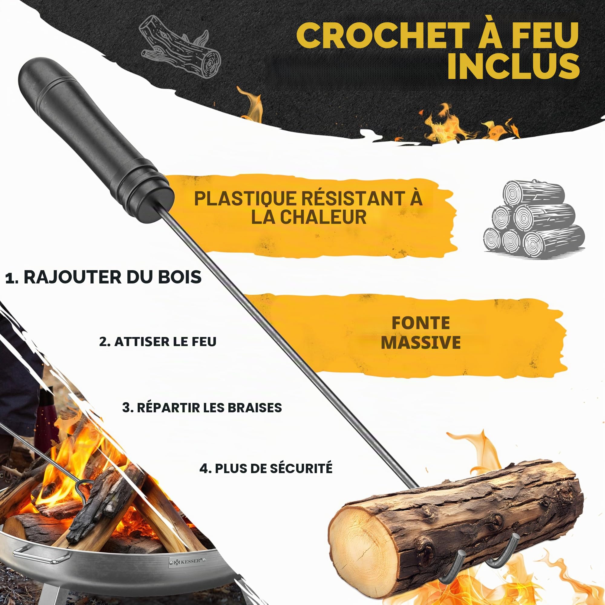 KESSER® Brasero en acier inoxydable 2,5 mm d'épaisseur Diamètre : 70 cm 42 cm Crochet en fonte 2 poignées solides Pour feu de camp, jardin et terrasse