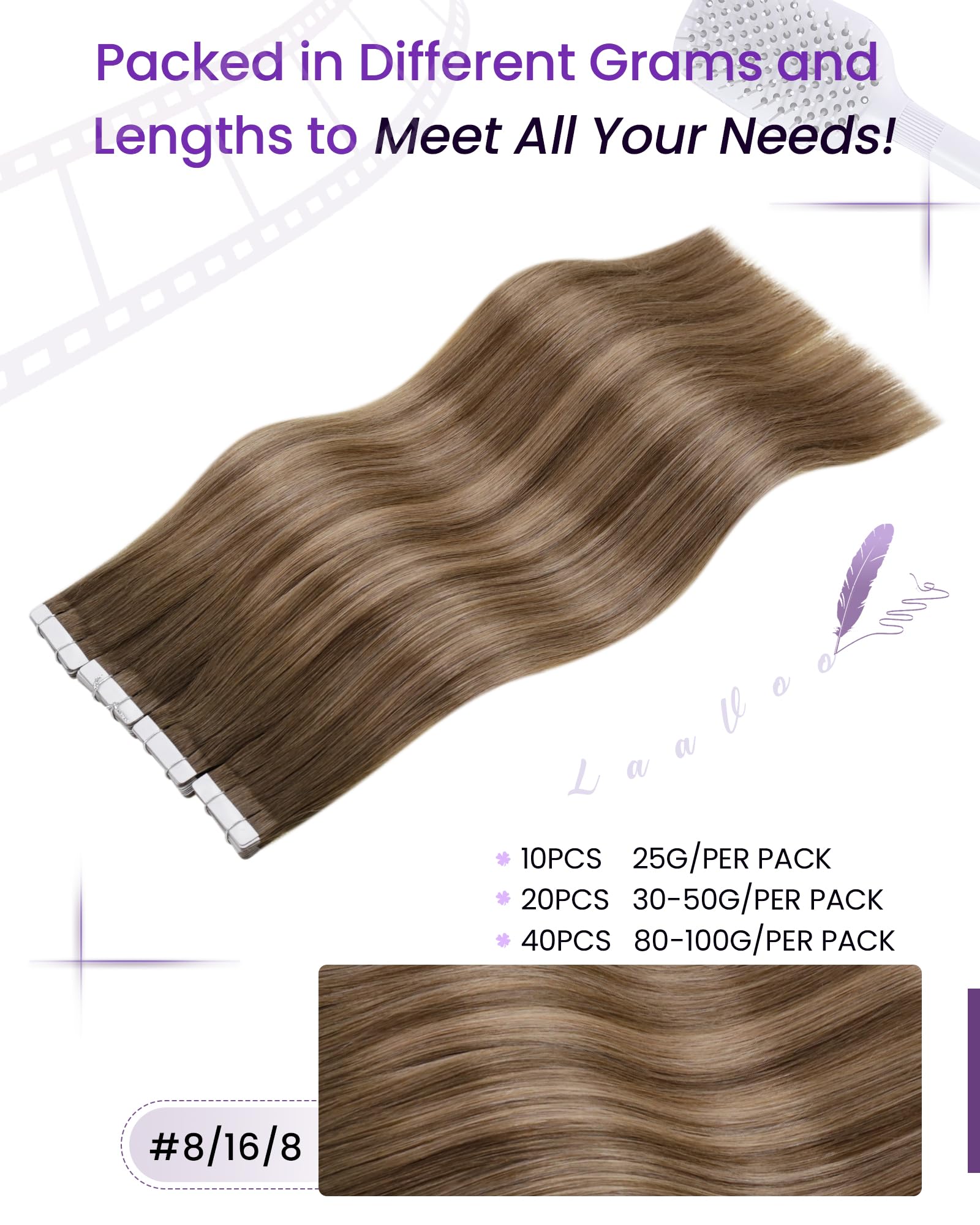 LaaVoo Tape in Hair Extensions Human Hair 100g Tape Hair Extensions Real Human Hair Balayage Light Brown to Blonde Invisible Tapes Remy Straight Hair Double Sided Tabs 40pcs 22 Inch #8/16/8 - Image 4
