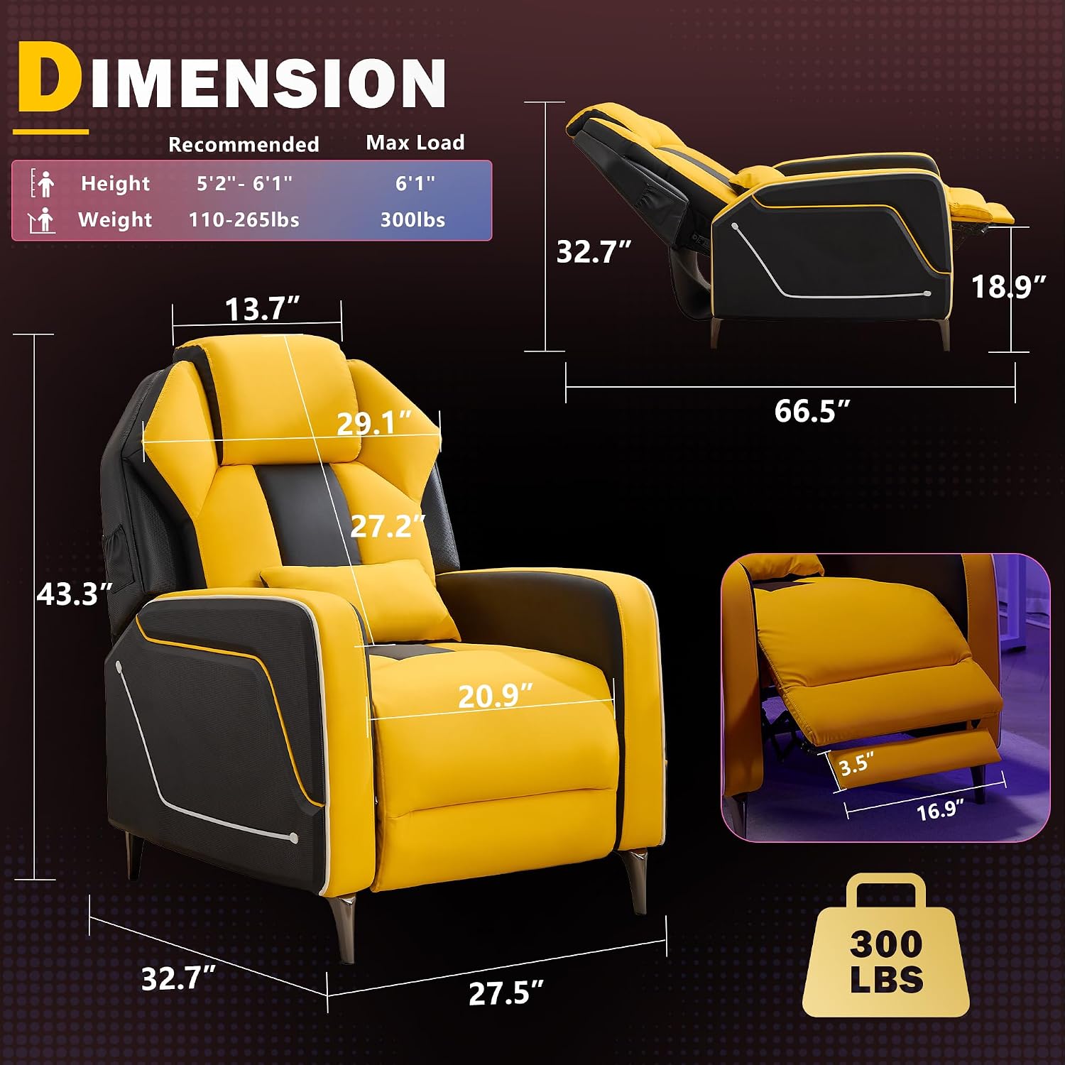 Gaming Recliner Chair with LED Lights Racing Style Big and Tall PU Leather Gaming Chair for Adults Lumbar Support Modern Ergonomic Comfortable Home Theater Seating for Living Room (Yellow)