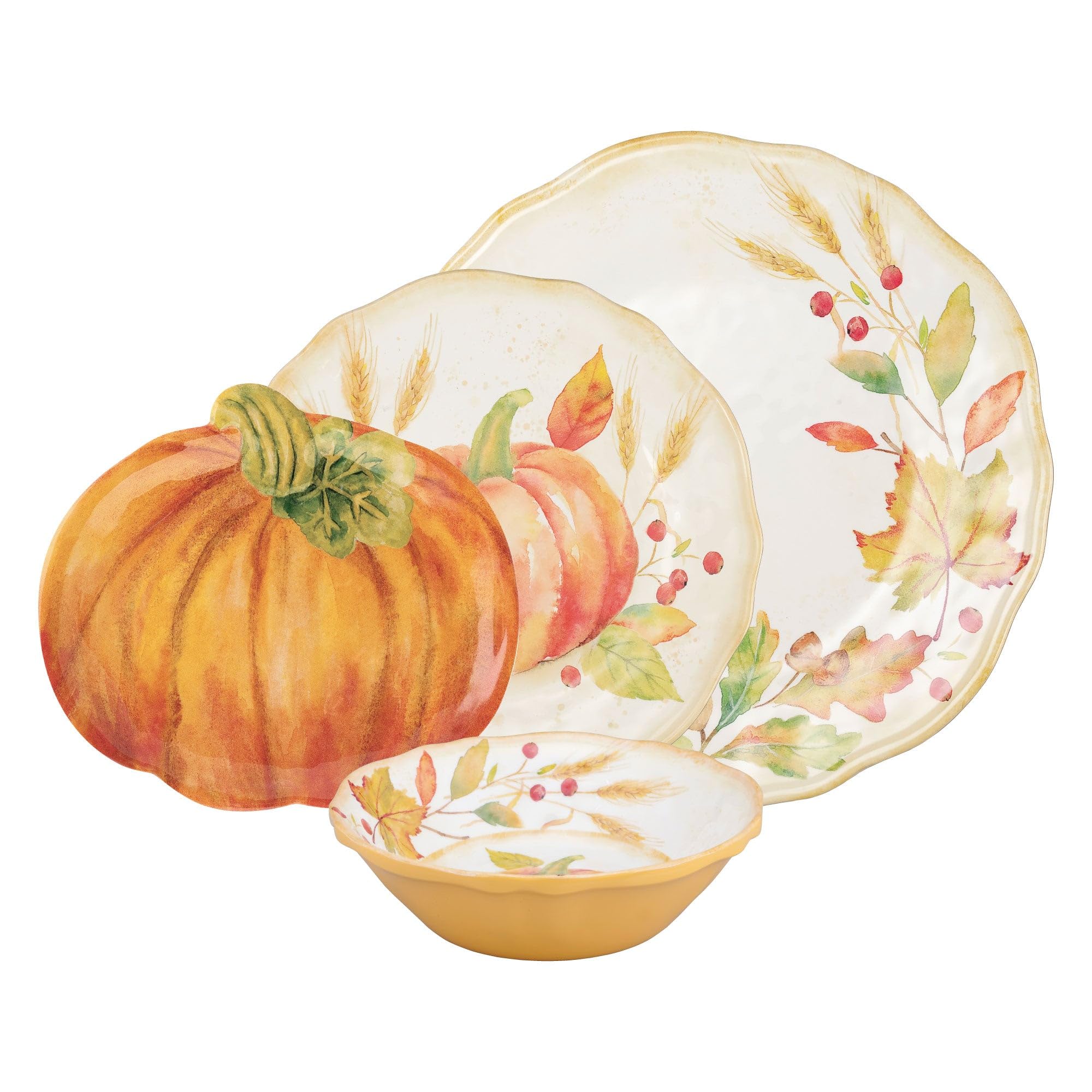 UP 16-teiliges Kürbis-Melamin-Geschirr-Set, Outdoor-Geschirr-Set, Teller und Schüsseln, Herbst-Thanksgiving-Dekorationen, Service für 4, Orange