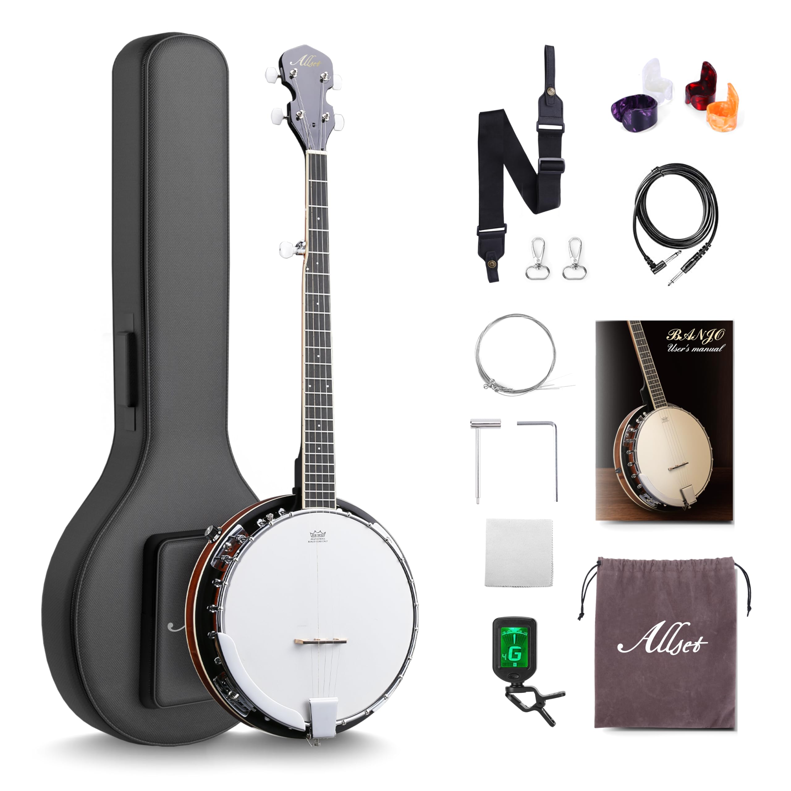 ALLSET Elektrisches Banjo mit 5 Saiten, volle Größe, 96,5 cm, 5. Stimmgerät, Remo-Kopf und Mahagoni-Körper, komplettes Starter-Set + Gigbag/Stimmgerät, bestes Geschenk für Erwachsene und
