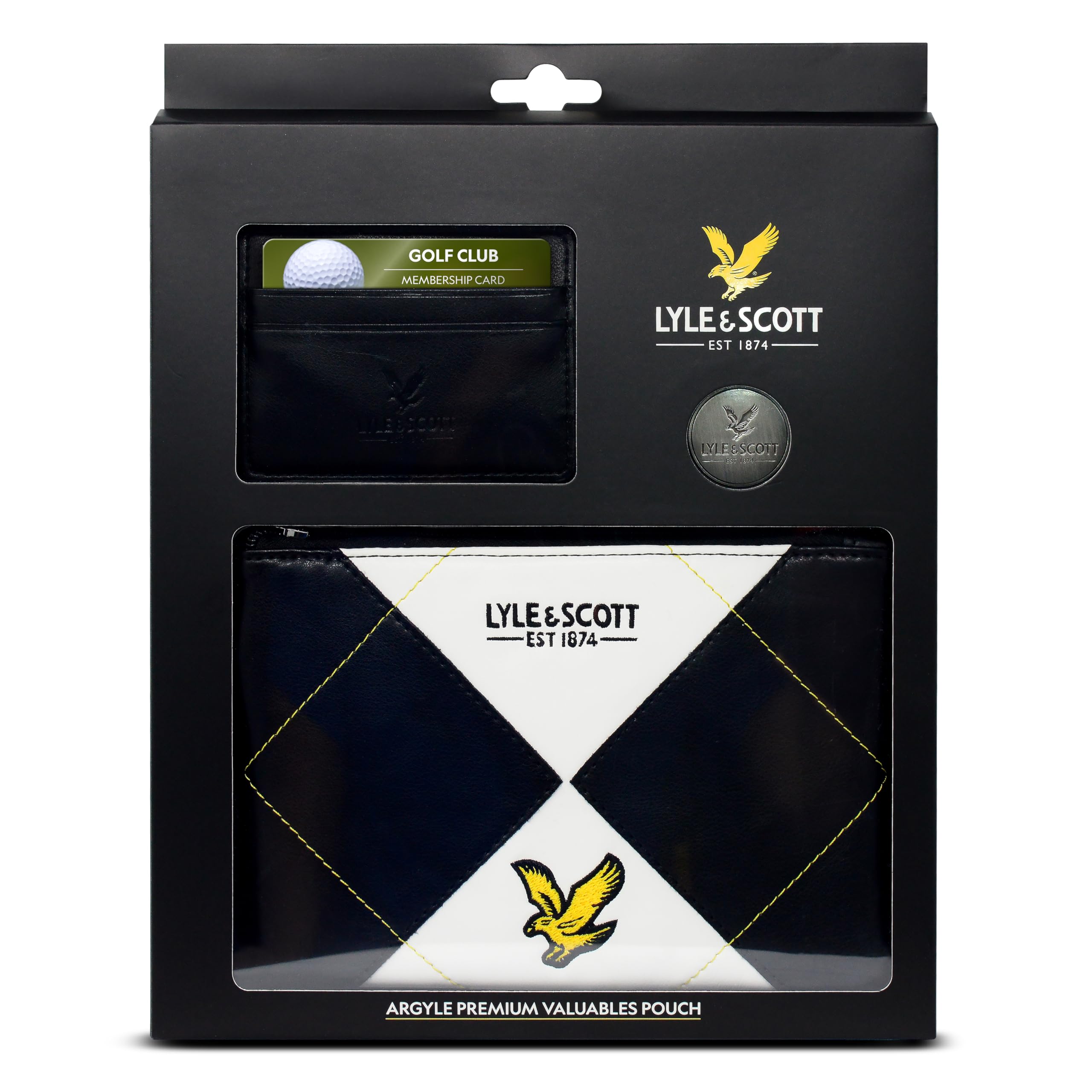 Lyle & Scott Argyle Premium Valuables Pouch - Pitch Perfect Golf Gifts for Men - Lussuosa pelle con cerniera con fodera in velluto, portafoglio per carte, marcatore per palline da 32 mm - Accessori da