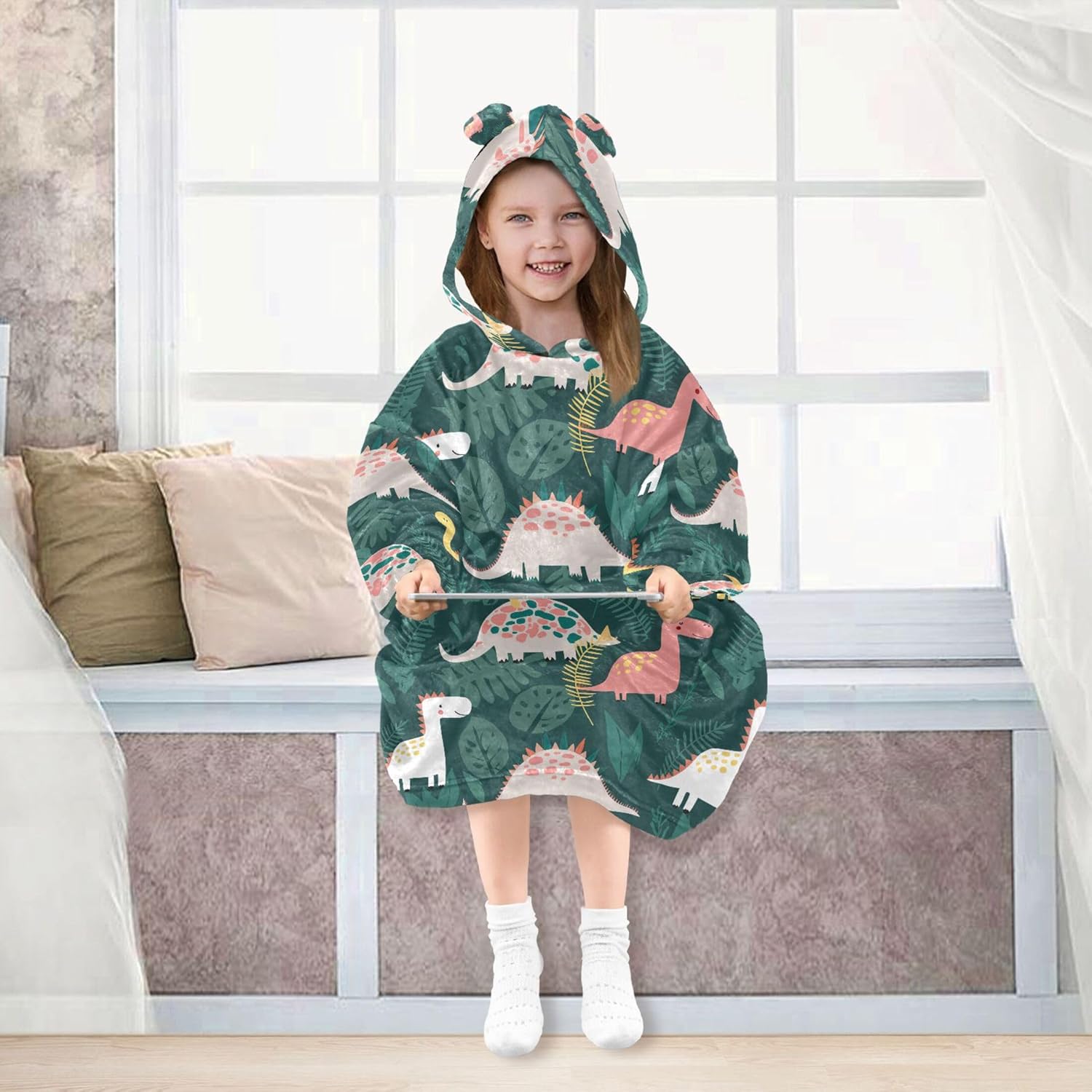 Cute Dinosaur Kids Wearable Blanket Hoodie with Pocket and Sleeves for Toddlers, Cute Hoodies Girls Boys B0404082