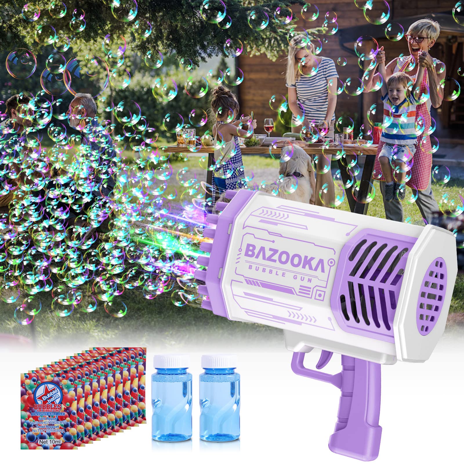 Bubble Machine Gun with Colorful Lights, 69 Holes 6000+ Bubbles Per Minute Bubbles for Adults Kids Toddlers Bubble Maker Toys for Indoor Outdoor Birthday Wedding Party Gift,Purple