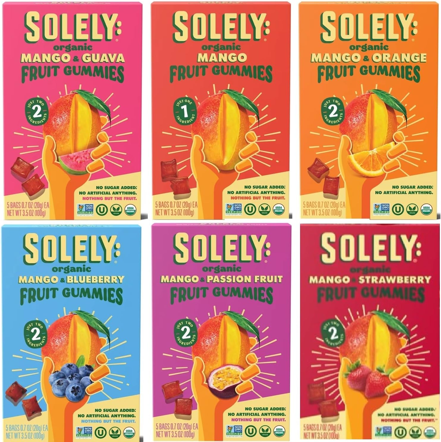 SOLELY Organic Fruit Gummies Variety Pack, 6 Packs, Mango, Orange, Guaba, Passion Fruit, Blueberry, Strawberry, LIVEBEAR Assortment